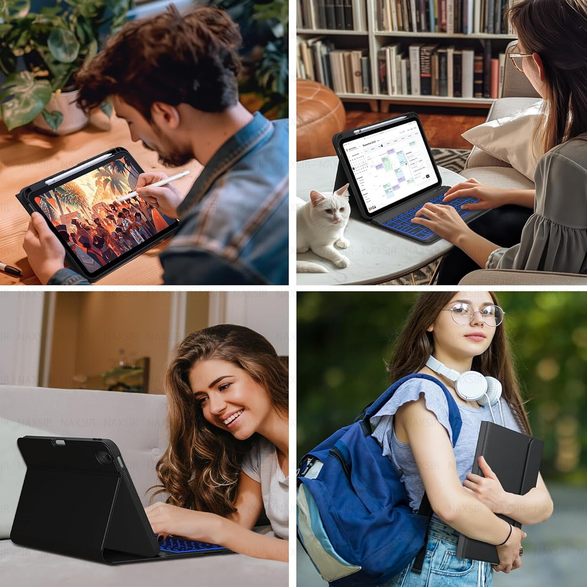 Vier Bilder zeigen Personen, die Tablets benutzen. Einer zeichnet, einer benutzt eine Tastatur, einer lächelt und der letzte hält ein Notizbuch.