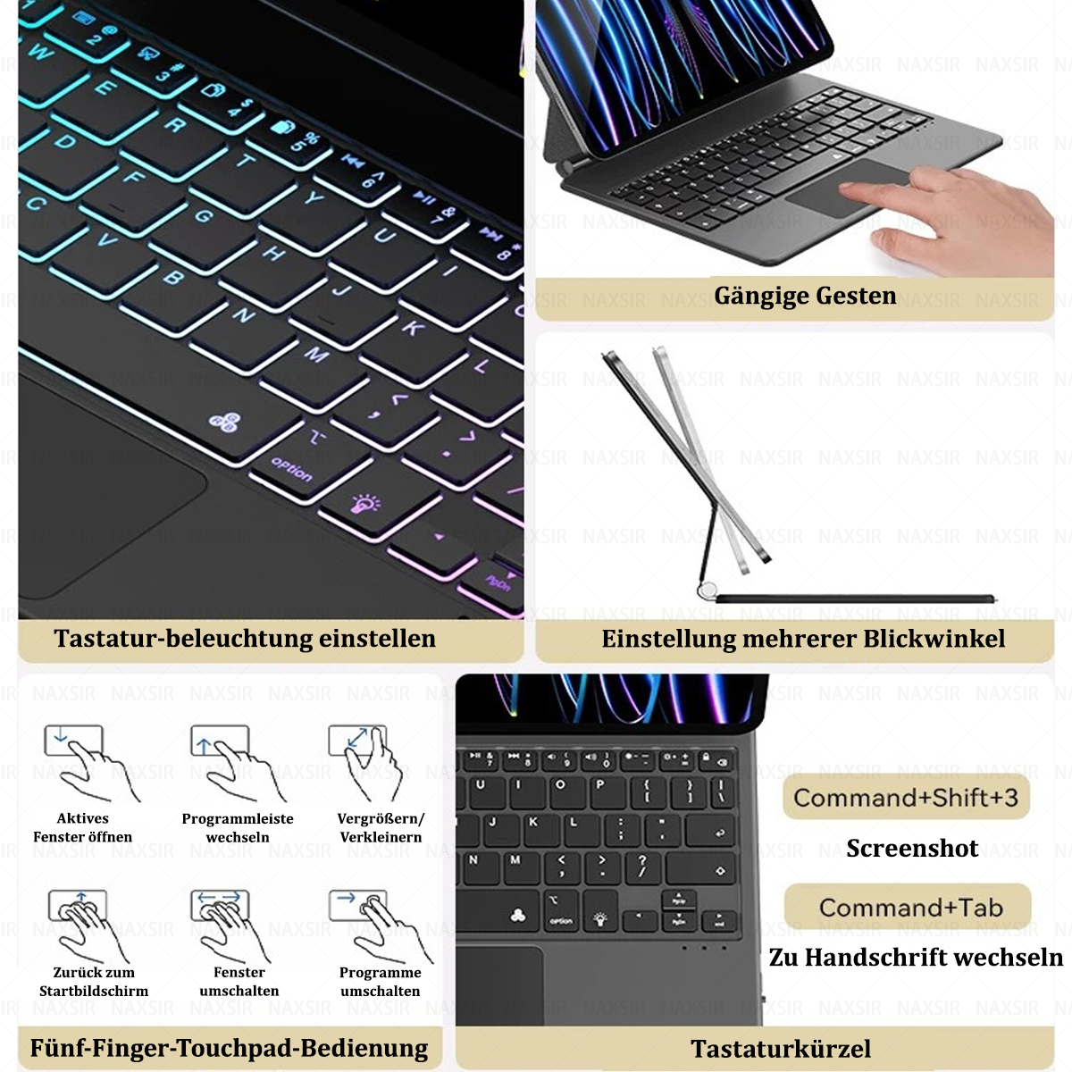 Das Bild zeigt eine Tastatur mit beleuchteten Tasten. Zu den Funktionen gehören Gestensteuerung und Tastenkombinationen.