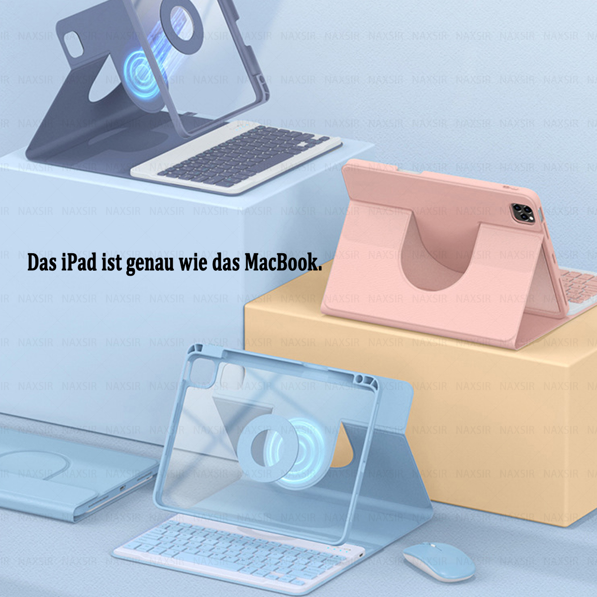 Drei iPads mit Tastaturen werden angezeigt. Der Text lautet: Das iPad ist genau wie das MacBook.
