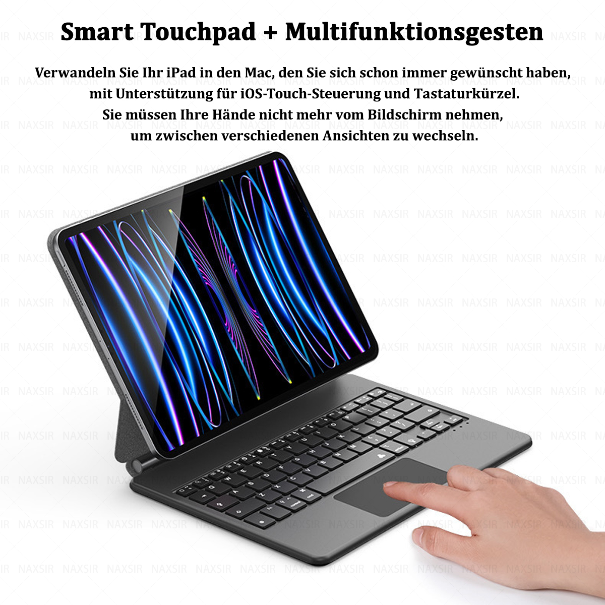 Ein iPad mit Tastatur und Trackpad. Eine Hand berührt das Trackpad. Der Bildschirm zeigt blaue und lila Linien.