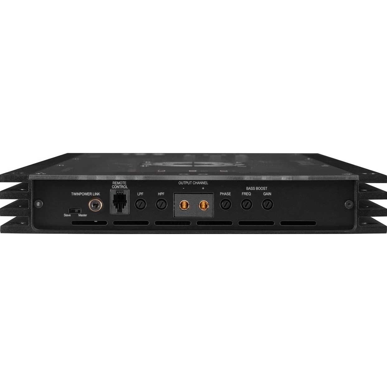 Ein schwarzer Audioverstärker mit verschiedenen Ein- und Ausgängen. Textbezeichnungen sind 'Twinpower Link', 'Remote Control' und 'Output Channel'.