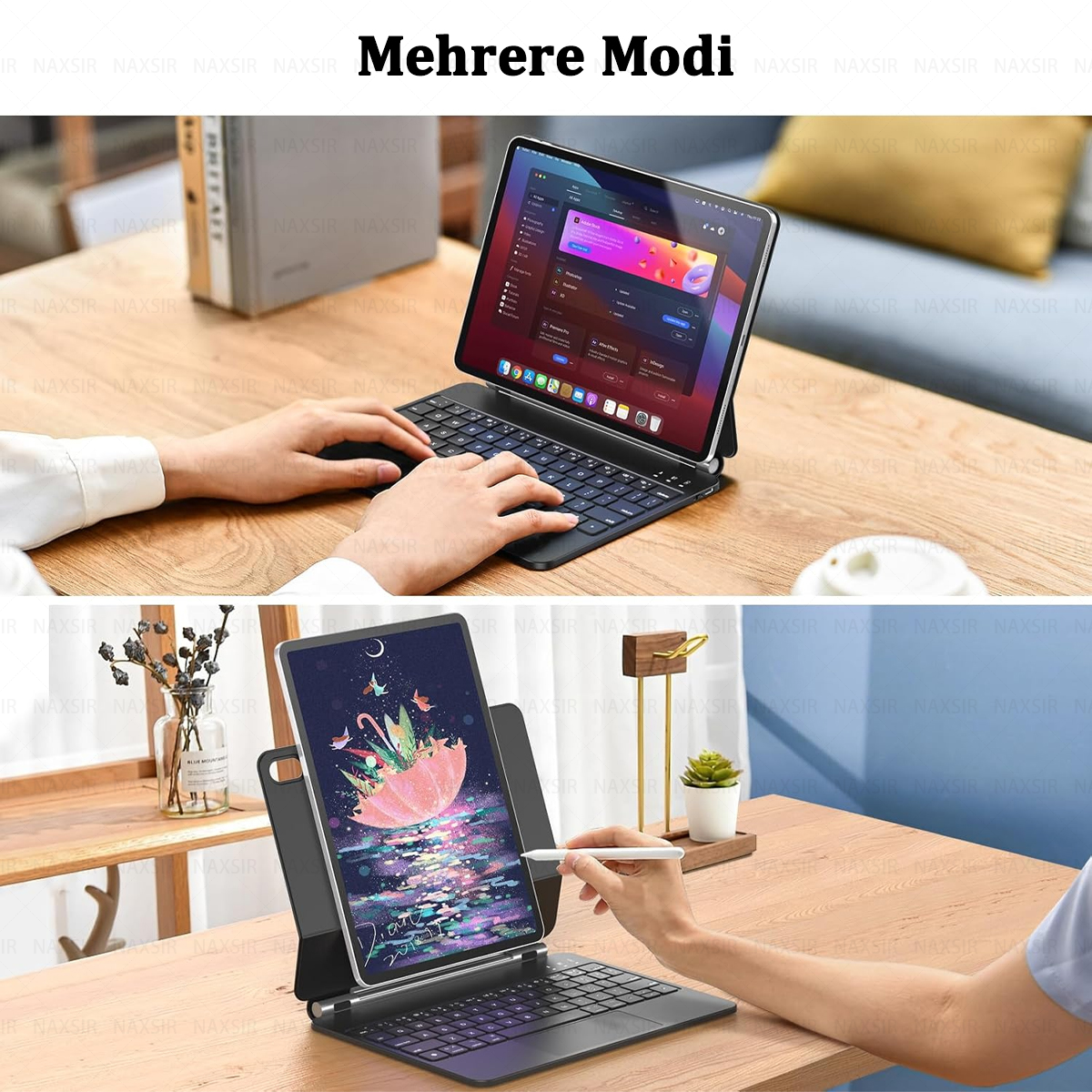 Oben: Hände, die auf einer Tablet-Tastatur tippen. Unten: Hand, die einen Stift auf einem Tablet benutzt.