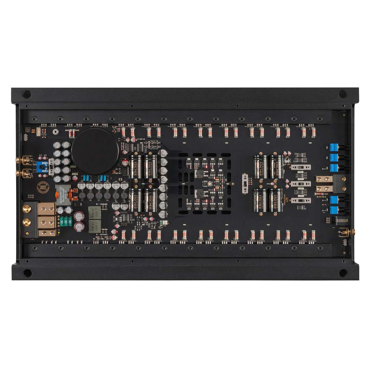 Schwarze elektronische Leiterplatte mit verschiedenen Komponenten wie Kondensatoren, Widerständen und integrierten Schaltkreisen. Großes schwarzes rundes Bauteil.
