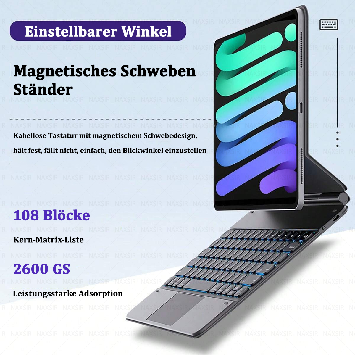 Tablet auf magnetischem Ständer und Tastatur. Text auf Deutsch: einstellbarer Winkel, magnetischer Ständer, kabellose Tastatur, 108 Blöcke usw.
