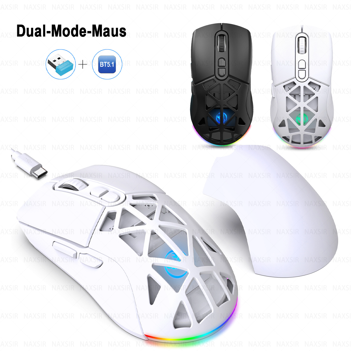 Das Bild zeigt Gaming-Mäuse, USB-Empfänger und BT 5.1-Symbol. Mäuse in Schwarz und Weiß mit RGB-Beleuchtung.