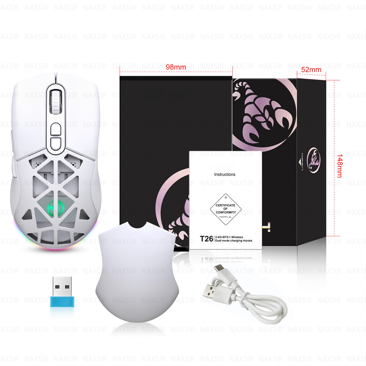Weiße Gaming-Maus, Schachtel mit Skorpion-Logo, USB-Empfänger, Ladekabel und Anleitung.
