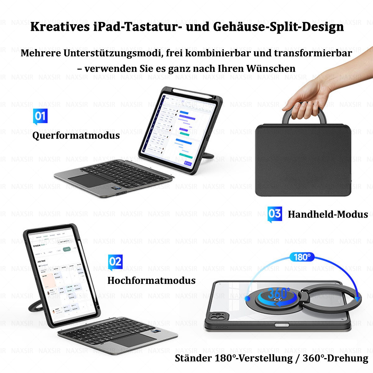 Das Bild zeigt ein iPad mit Tastatur, in verschiedenen Modi und eine Hülle mit Griff. Verschiedene Winkel werden gezeigt.