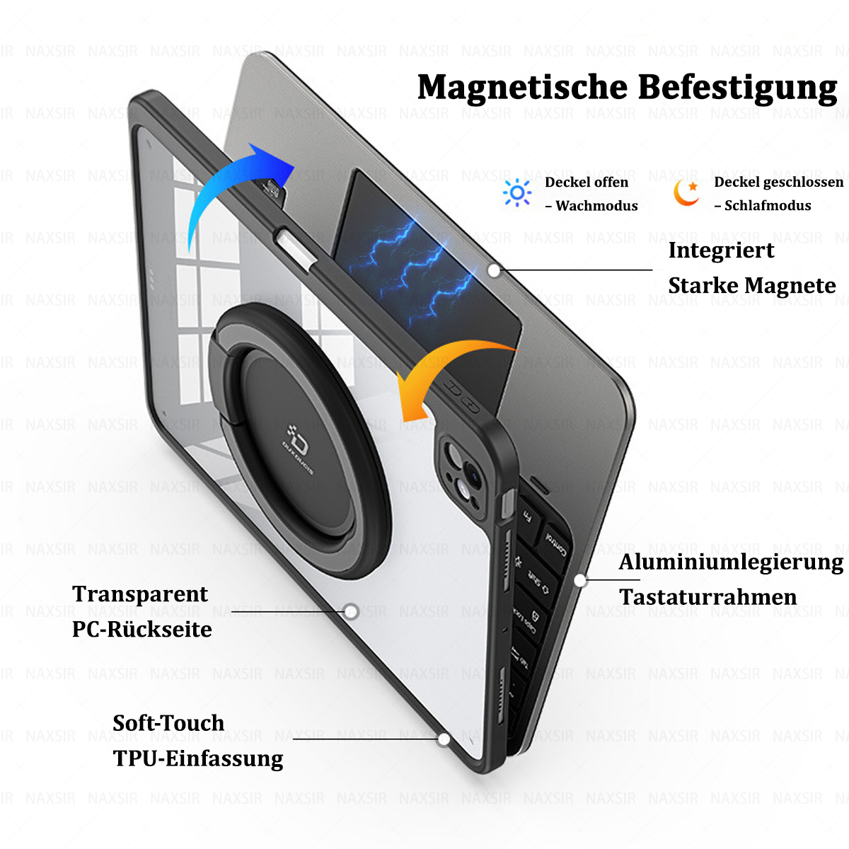 Eine Handyhülle mit Magnetbefestigung. Merkmale sind eine transparente Rückseite, Soft-Touch-Kanten und ein Aluminium-Tastaturrahmen.