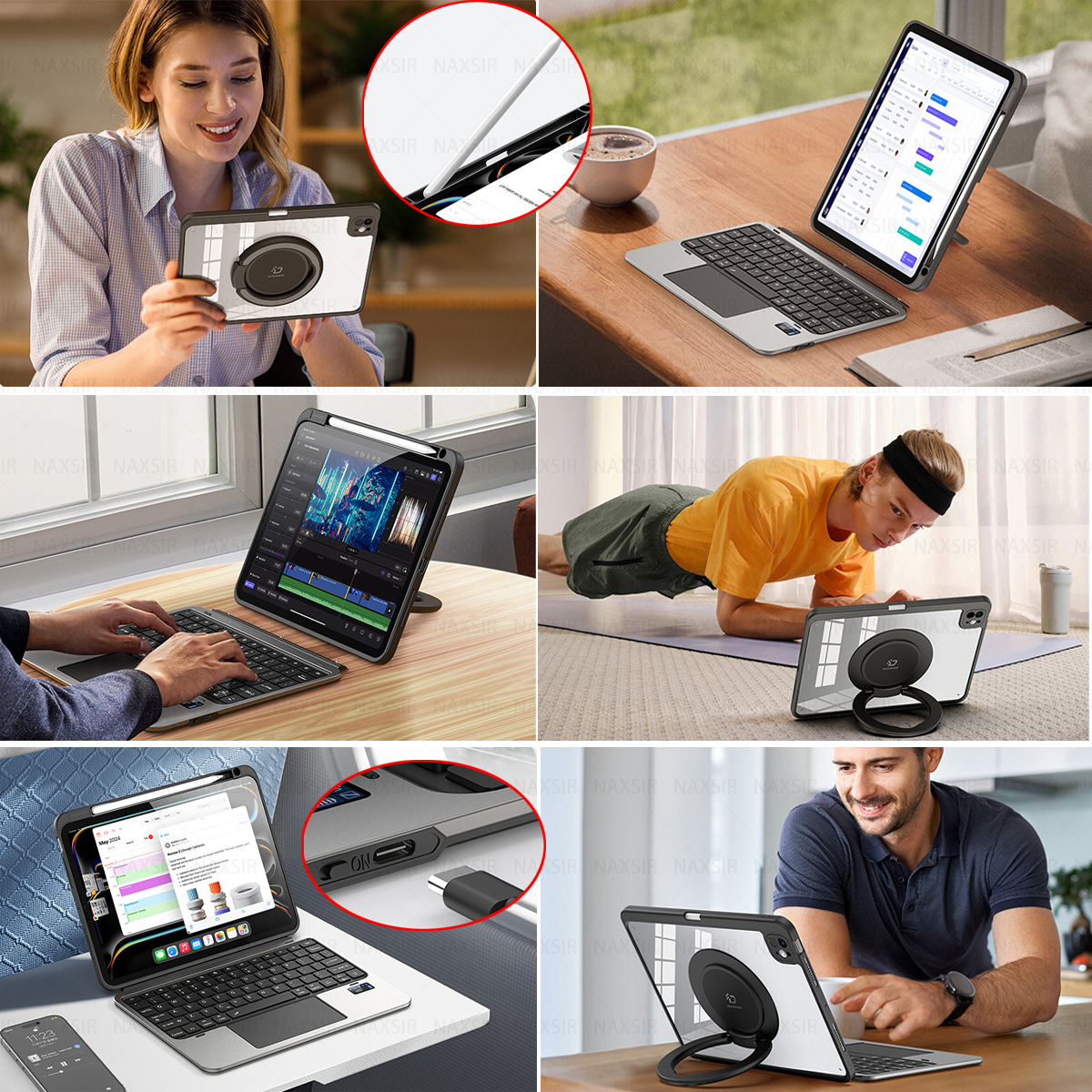 Eine Collage, die Menschen bei der Nutzung von Tablets mit Tastaturhüllen zeigt. Verschiedene Umgebungen: Arbeiten, Trainieren und Entspannen. Nahaufnahmen von Anschlüssen und Funktionen.