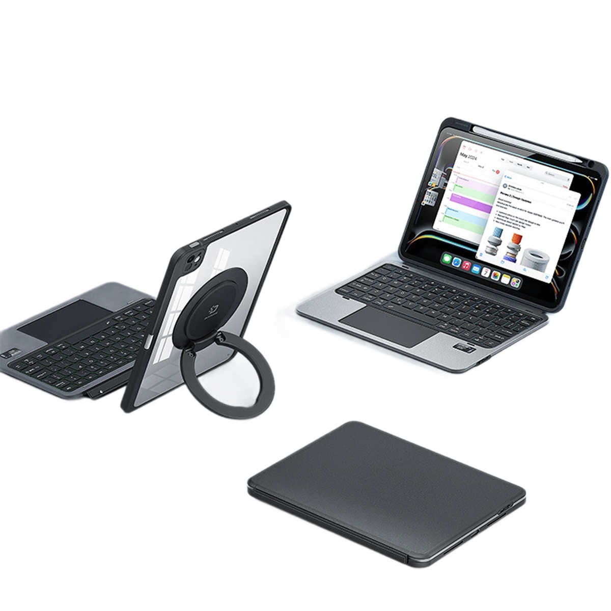 Mehrere iPad-Tastaturhüllen werden angezeigt. Eine ist geöffnet und zeigt den Bildschirm mit einem Stift, zwei weitere sind geschlossen oder teilweise geöffnet.