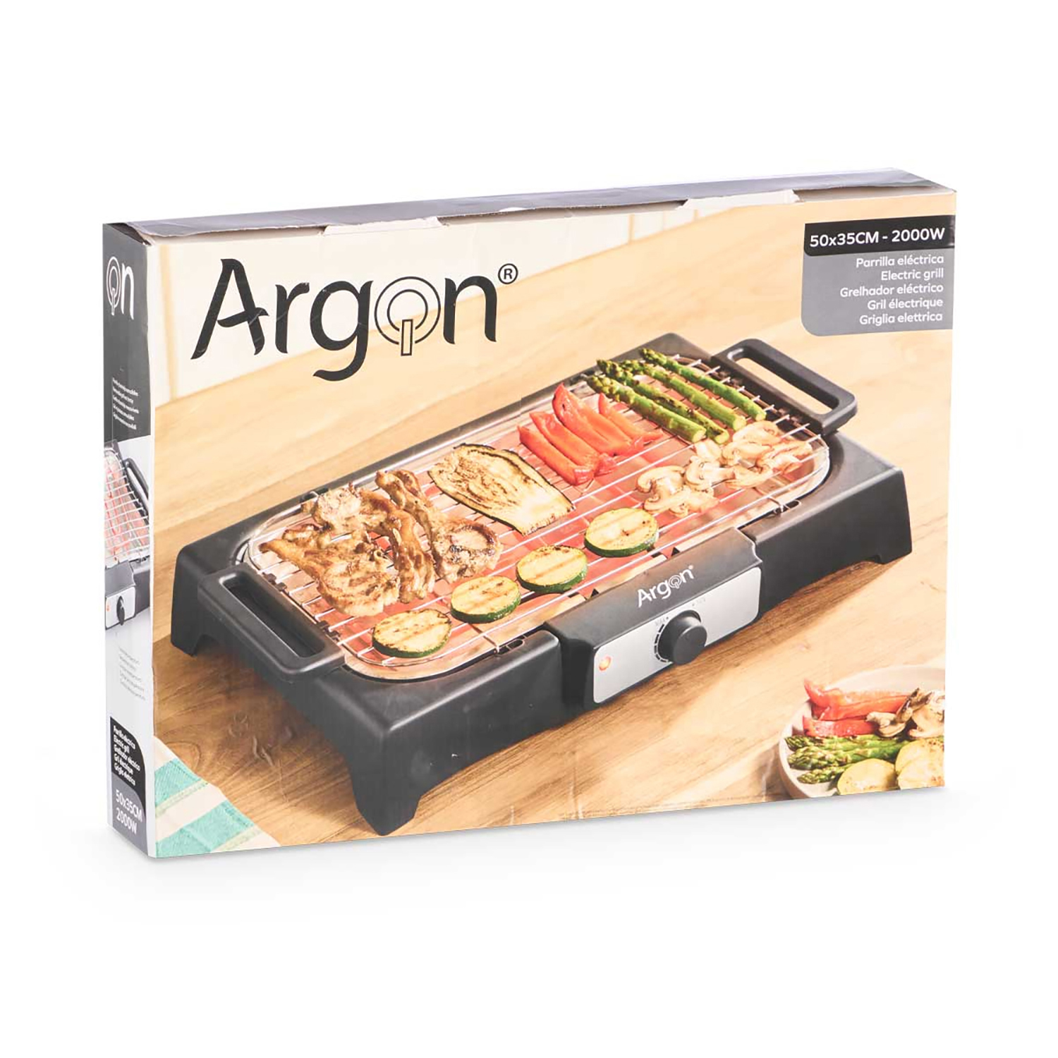 Ein Elektrogrill mit Gemüse und Fleisch auf einer Holzoberfläche, in einer Box mit der Aufschrift 'Argon'.