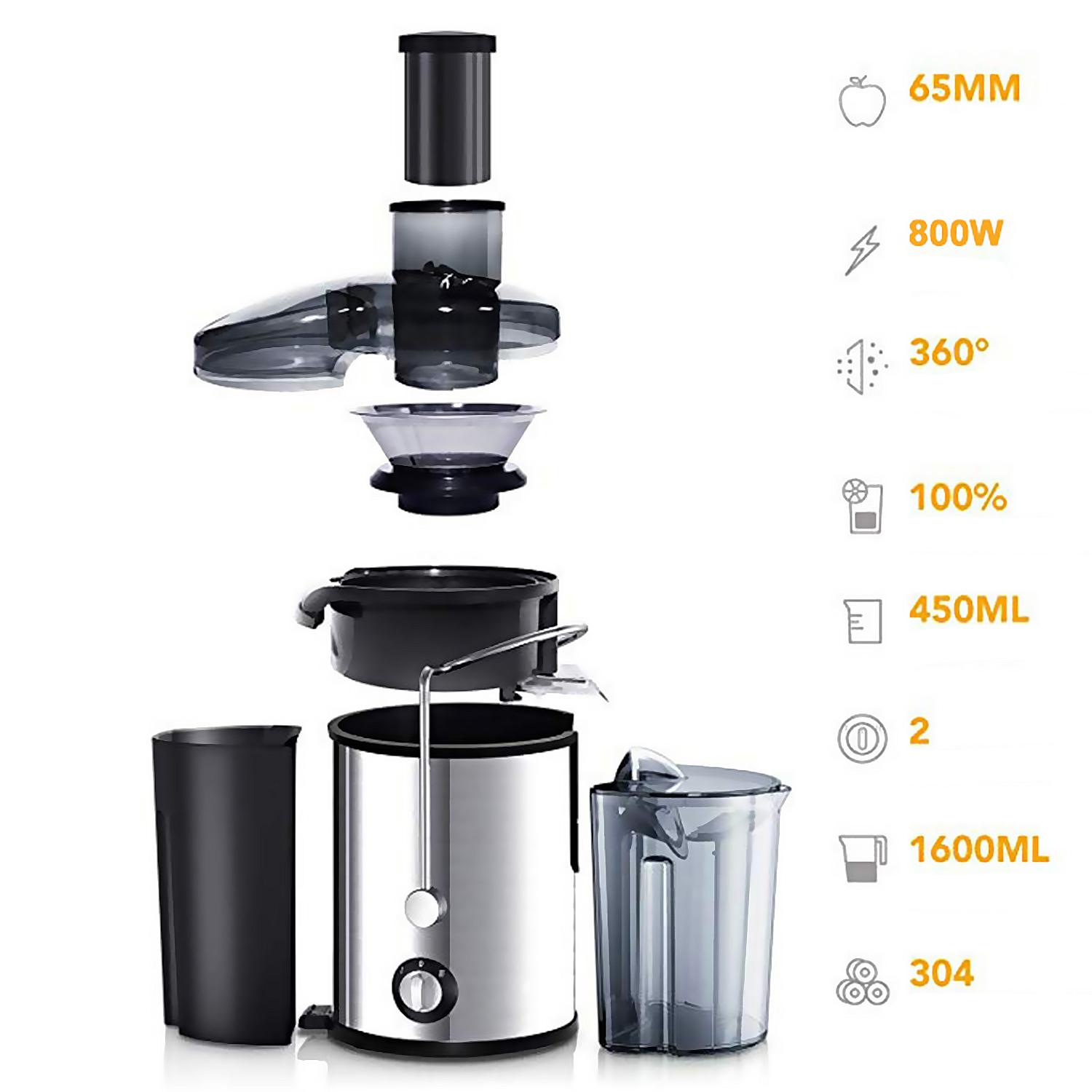 Vista esplosa di un estrattore di succo, con le sue parti separate e icone con specifiche come 65MM, 800W e 1600ML.