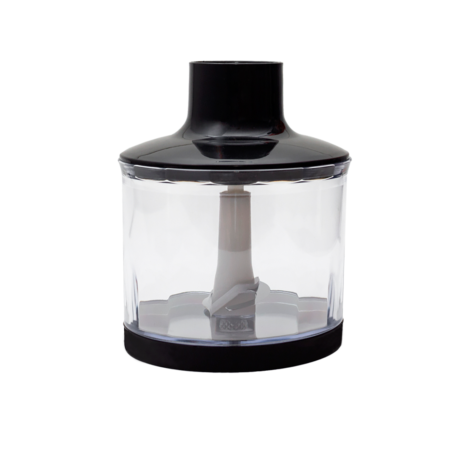 Un recipiente de plástico transparente para licuadora con tapa negra. Dentro hay cuchillas y una pieza central beige. La base también es negra.