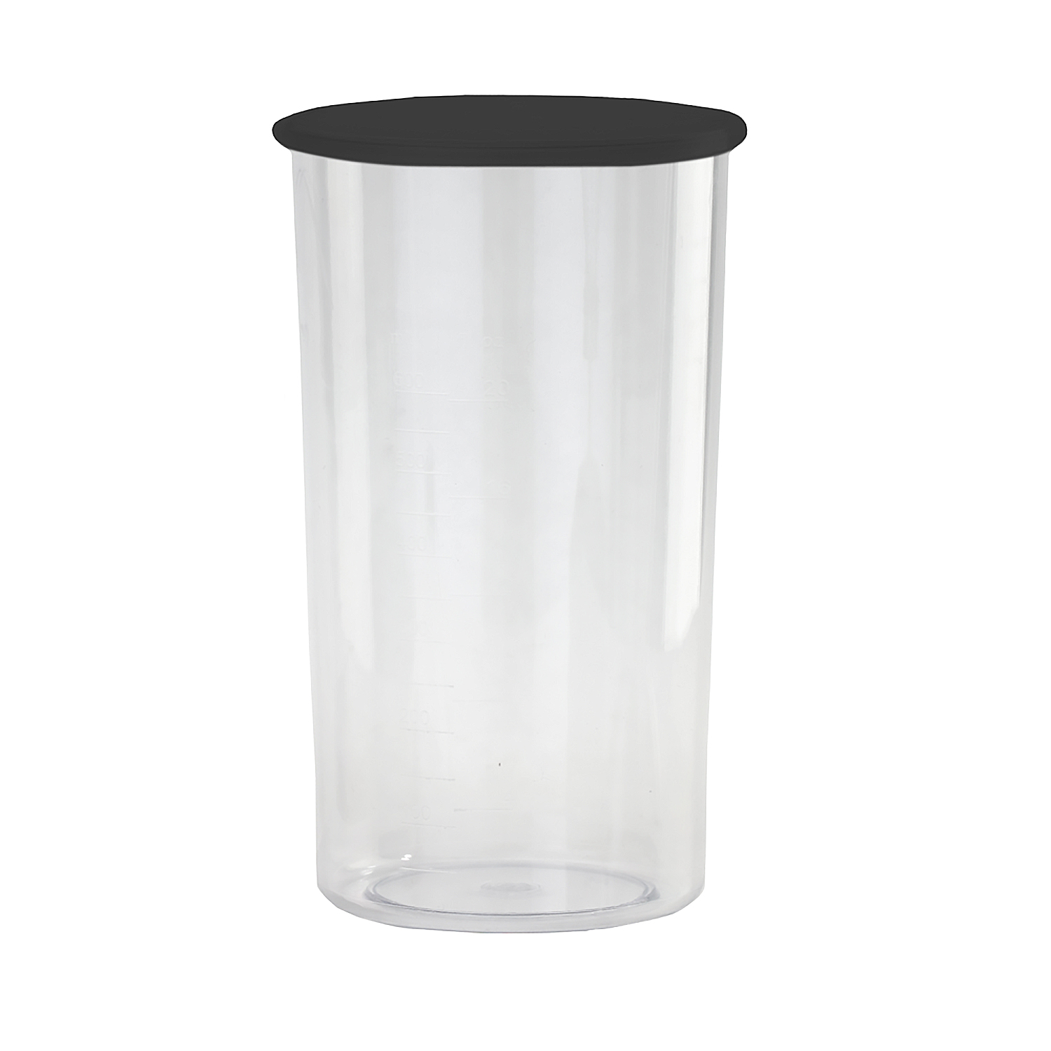 Un recipiente de plástico transparente con tapa negra. El recipiente es alto y cilíndrico. El fondo es blanco.