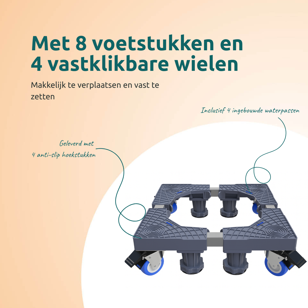 A gray appliance dolly with blue wheels and text: 'Met 8 voetstukken en 4 vastklikbare wielen'. Includes anti-slip corners and water levels.