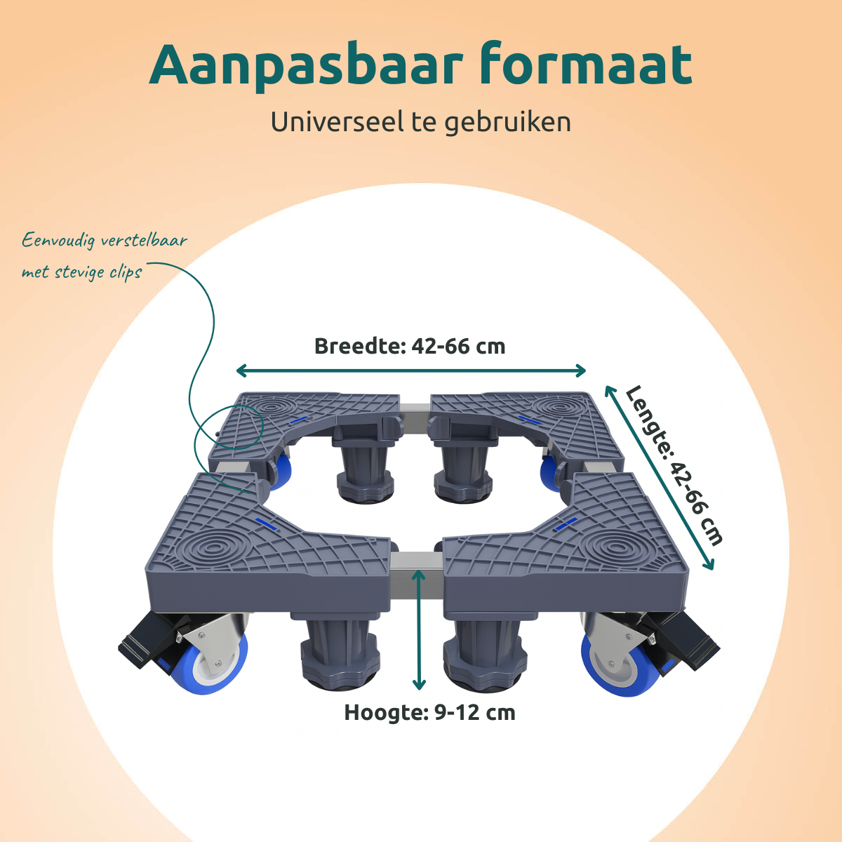 A gray and blue adjustable appliance base. It has wheels and adjustable legs. Text: Aanpasbaar formaat, Breedte: 42-66 cm, Hoogte: 9-12 cm.
