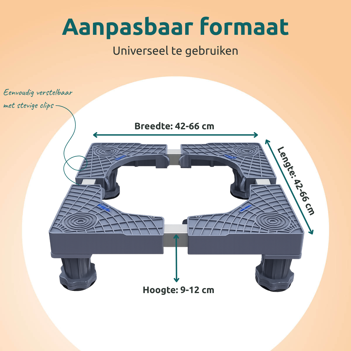 Adjustable washing machine base. Gray plastic with dimensions labeled: width 42-66cm, length 42-66cm, height 9-12cm. Text in Dutch.