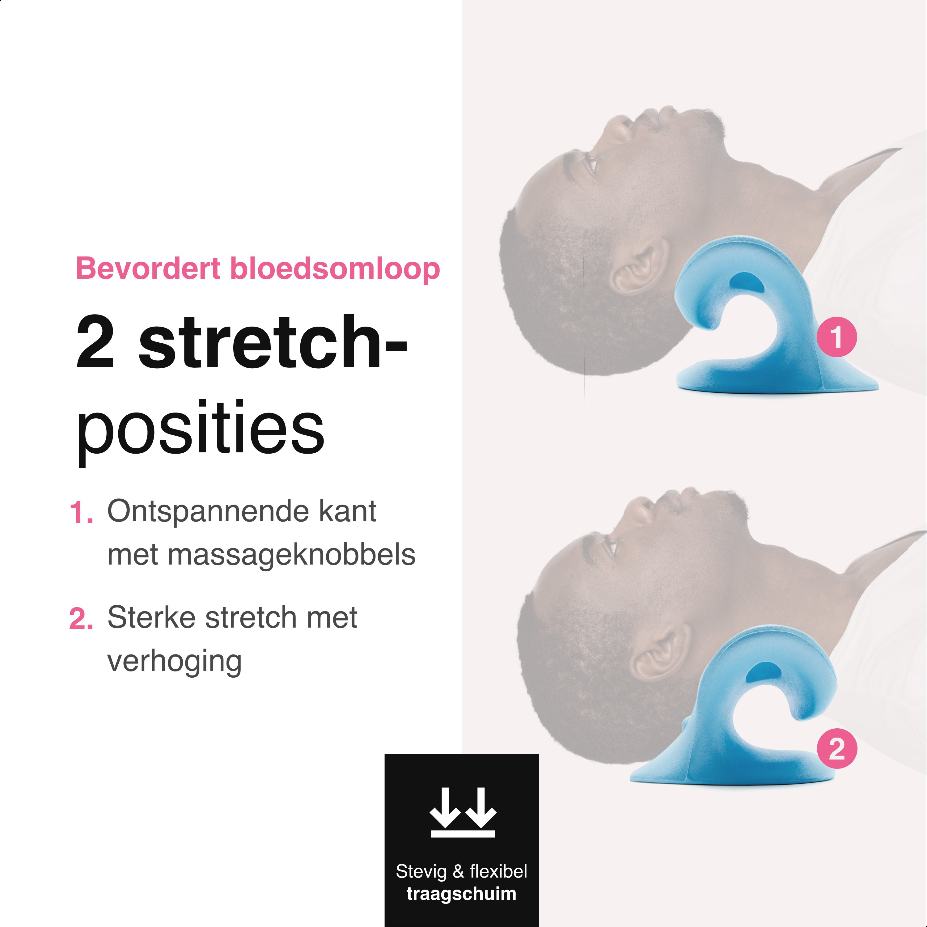 Afbeelding toont een blauwe nekstrekker. Tekst beschrijft het als bevordering van de bloedsomloop en twee rekposities.