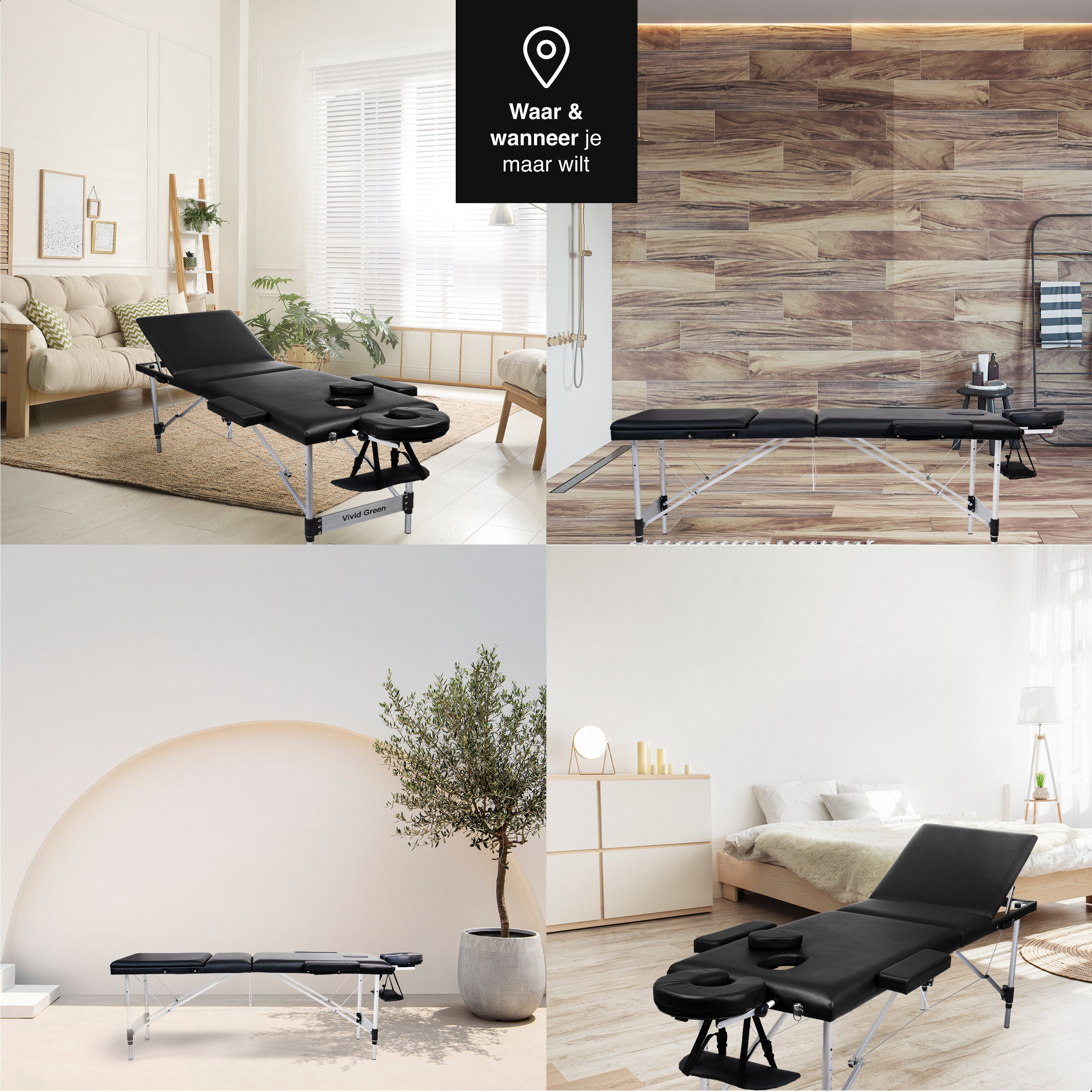 The image shows a black massage table in four different interior settings. The settings include a living room, a bathroom, and a bedroom.