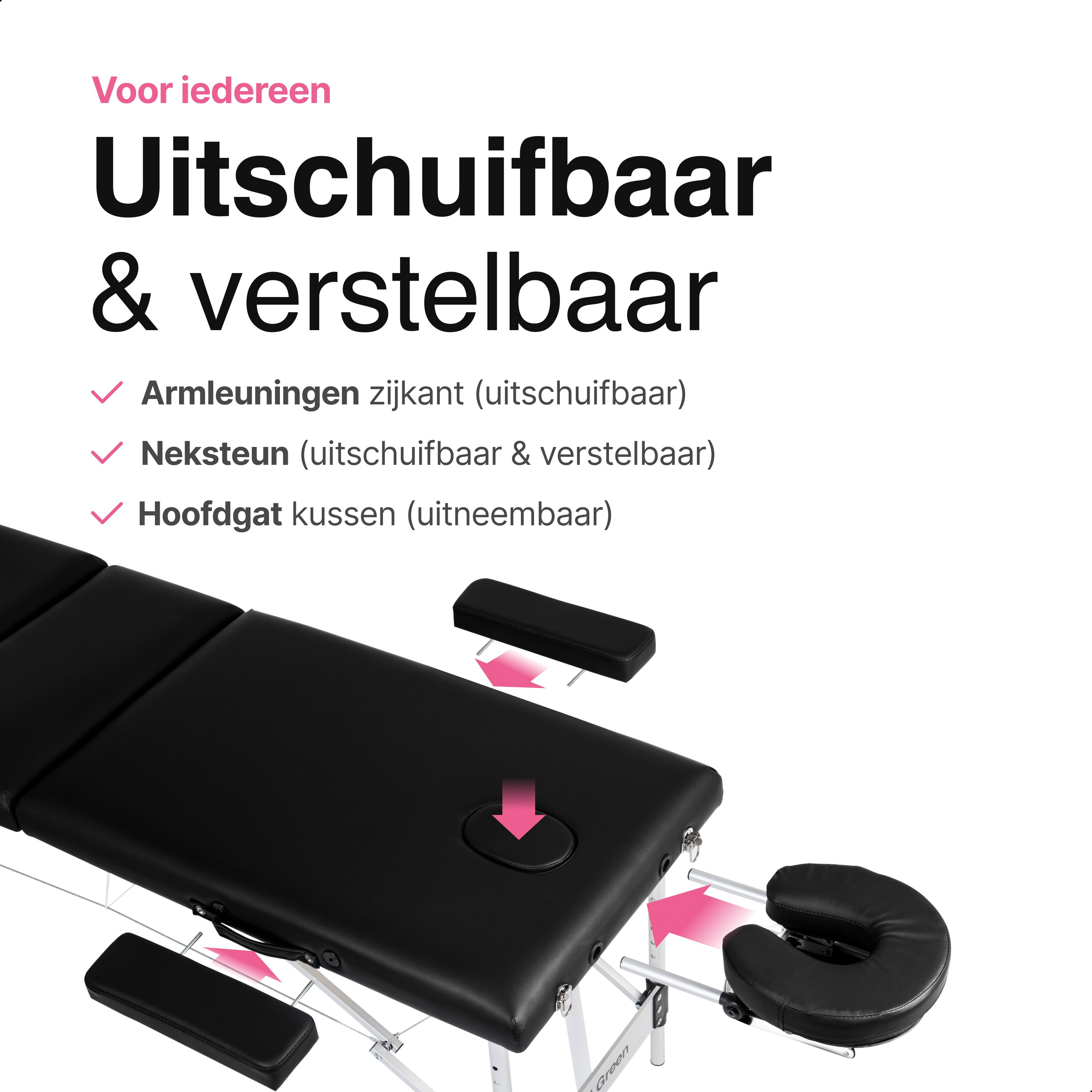 A black massage table with adjustable armrests, headrest, and head cushion. Text in Dutch. White background.