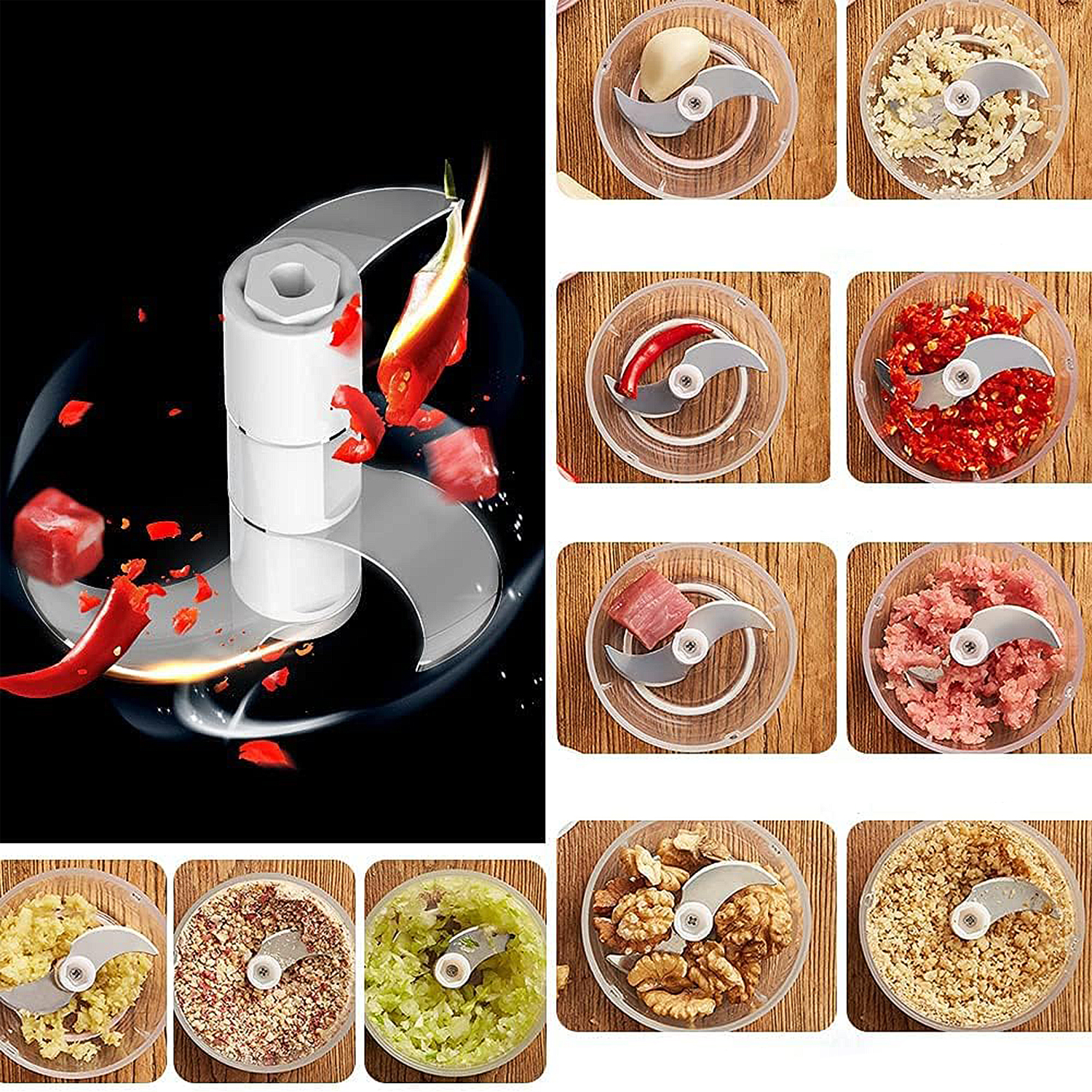 Un robot da cucina con lame, che trita vari alimenti come aglio, peperoni, carne e noci. Alcuni ingredienti sono preparati.