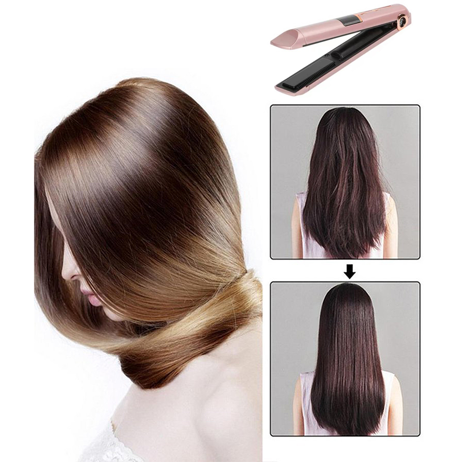 L'immagine mostra i capelli prima e dopo la stiratura. C'è una piastra per capelli sopra. I capelli sono lisci e lucenti dopo l'uso.
