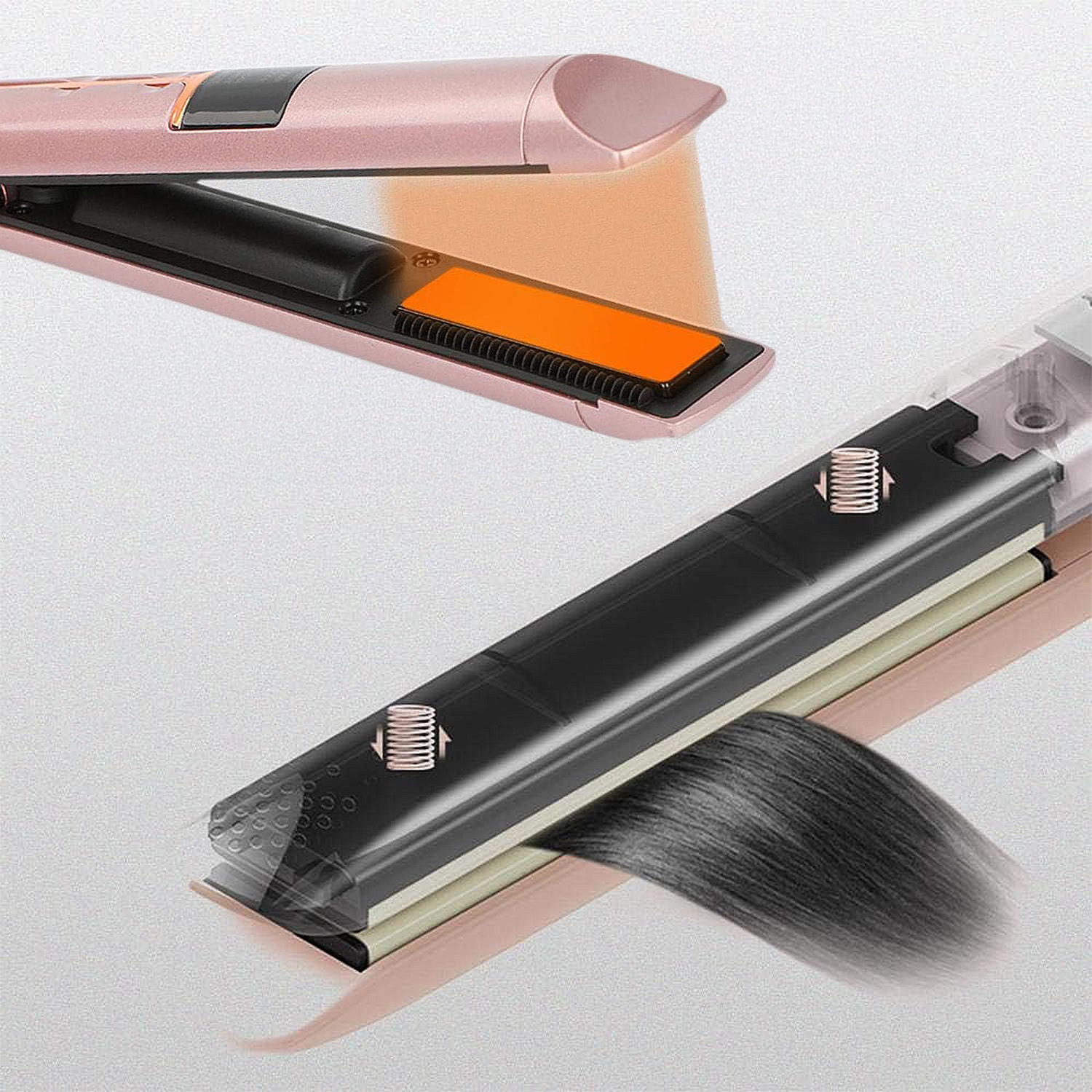 Piastra per capelli oro rosa con piastre nere. Ciocca di capelli in stiratura. Parti trasparenti, mostrando molle interne.