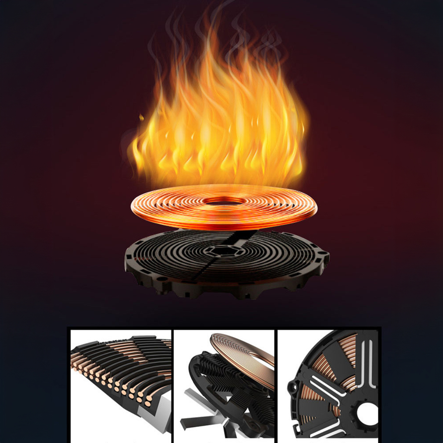 Das Bild zeigt eine konzeptionelle Darstellung eines Induktionskochfelds. Merkmale sind eine Spule, eine Flamme und detaillierte Komponentenansichten.