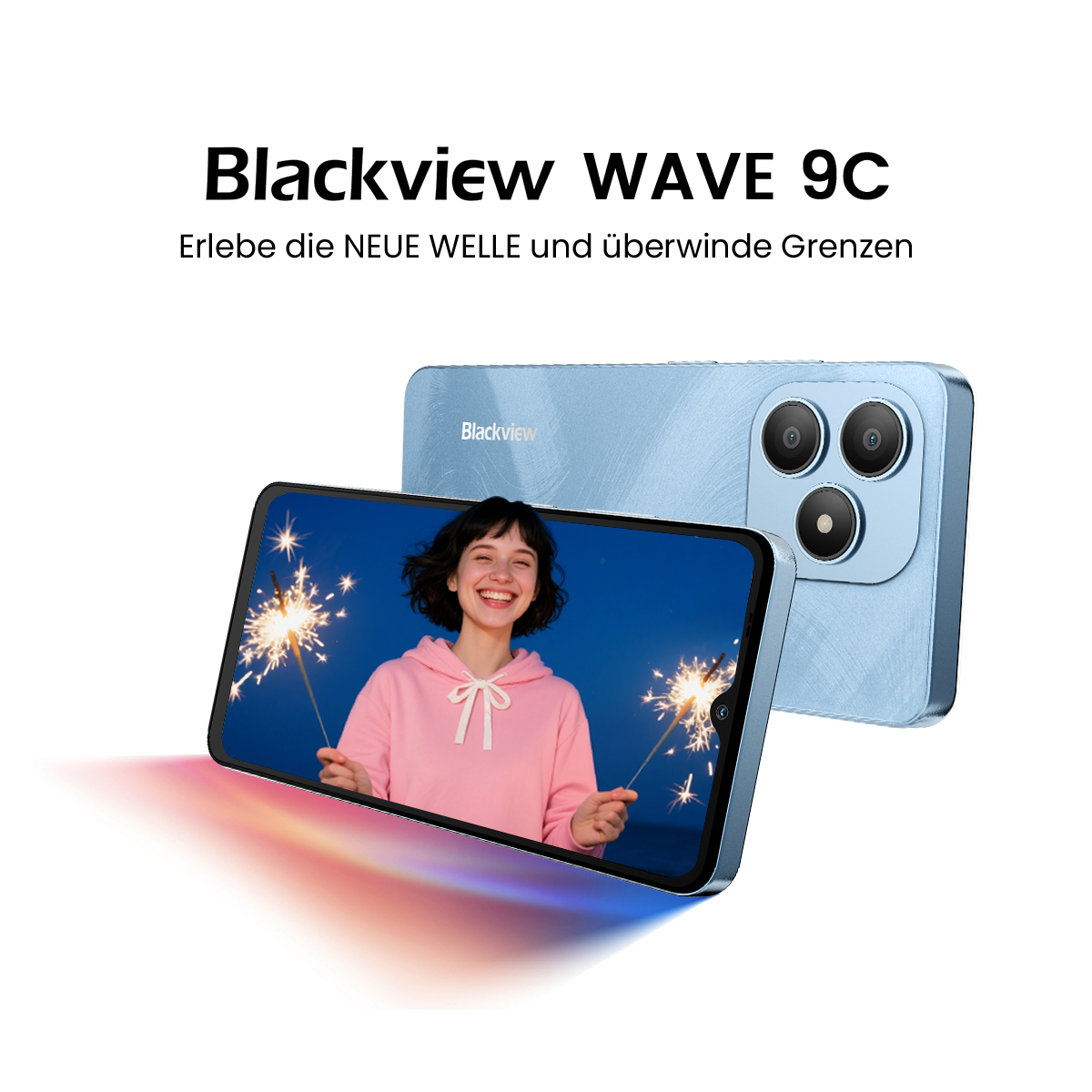 Ein Blackview WAVE 9C-Telefon zeigt eine Frau mit Wunderkerzen, ein blaues Telefon und Text auf weißem Hintergrund.