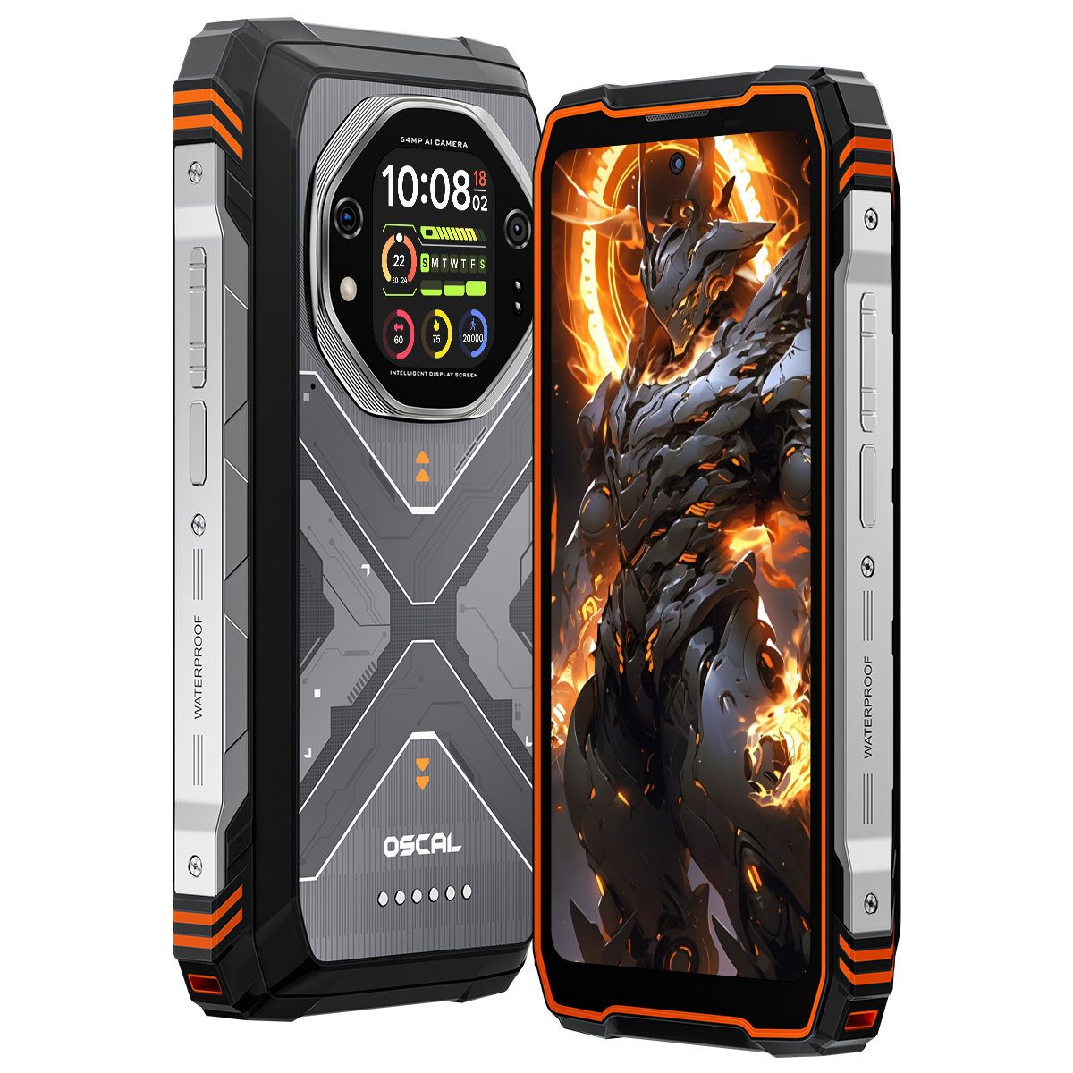 Zwei schwarz-orangefarbene Smartphones. Eines zeigt Uhrzeit und Datum, das andere eine gepanzerte Figur. Beide sind wasserdicht.