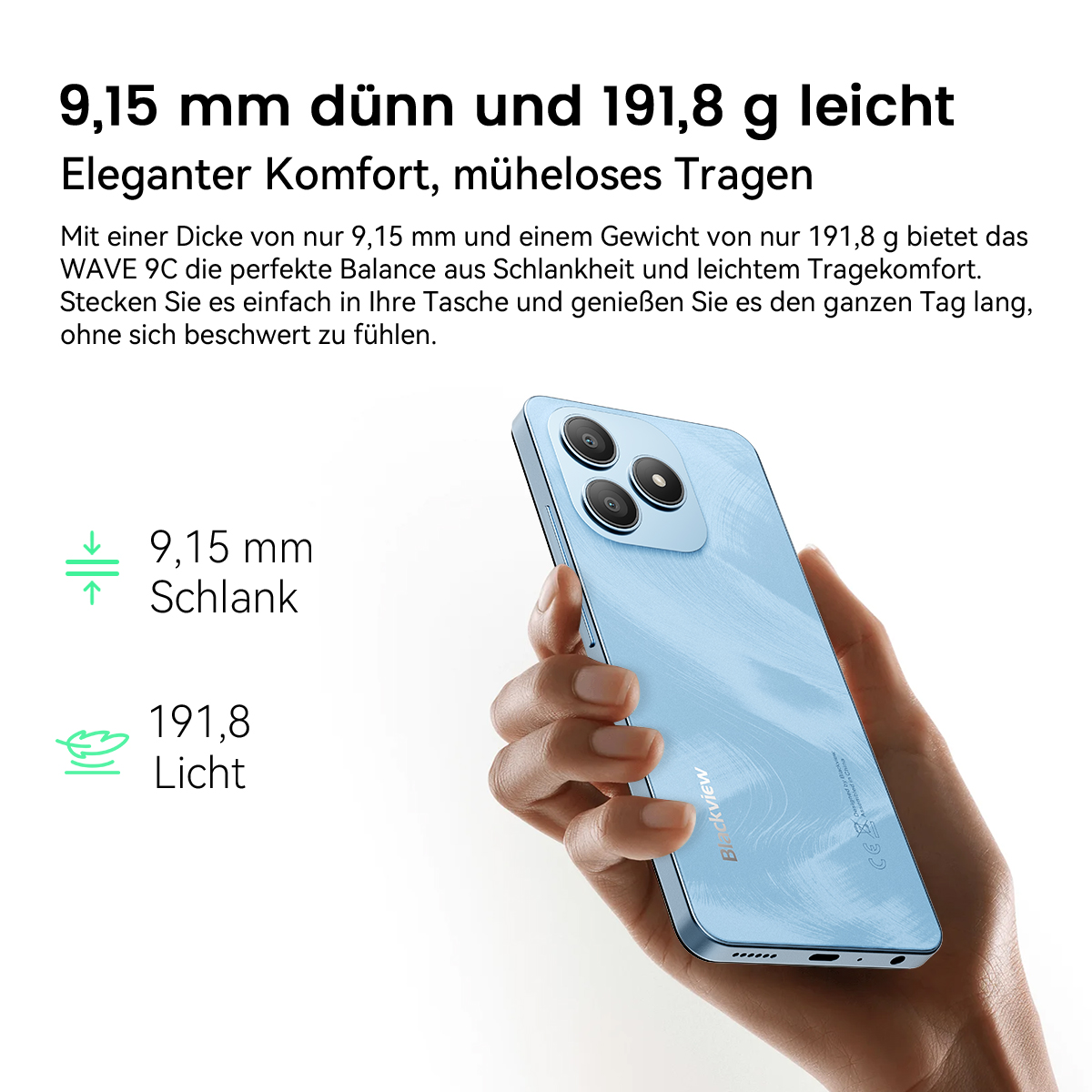 Eine Hand hält ein hellblaues Smartphone. Text enthält Abmessungen und Gewicht. Das Telefon hat drei Kameras und ein Blackview-Logo.
