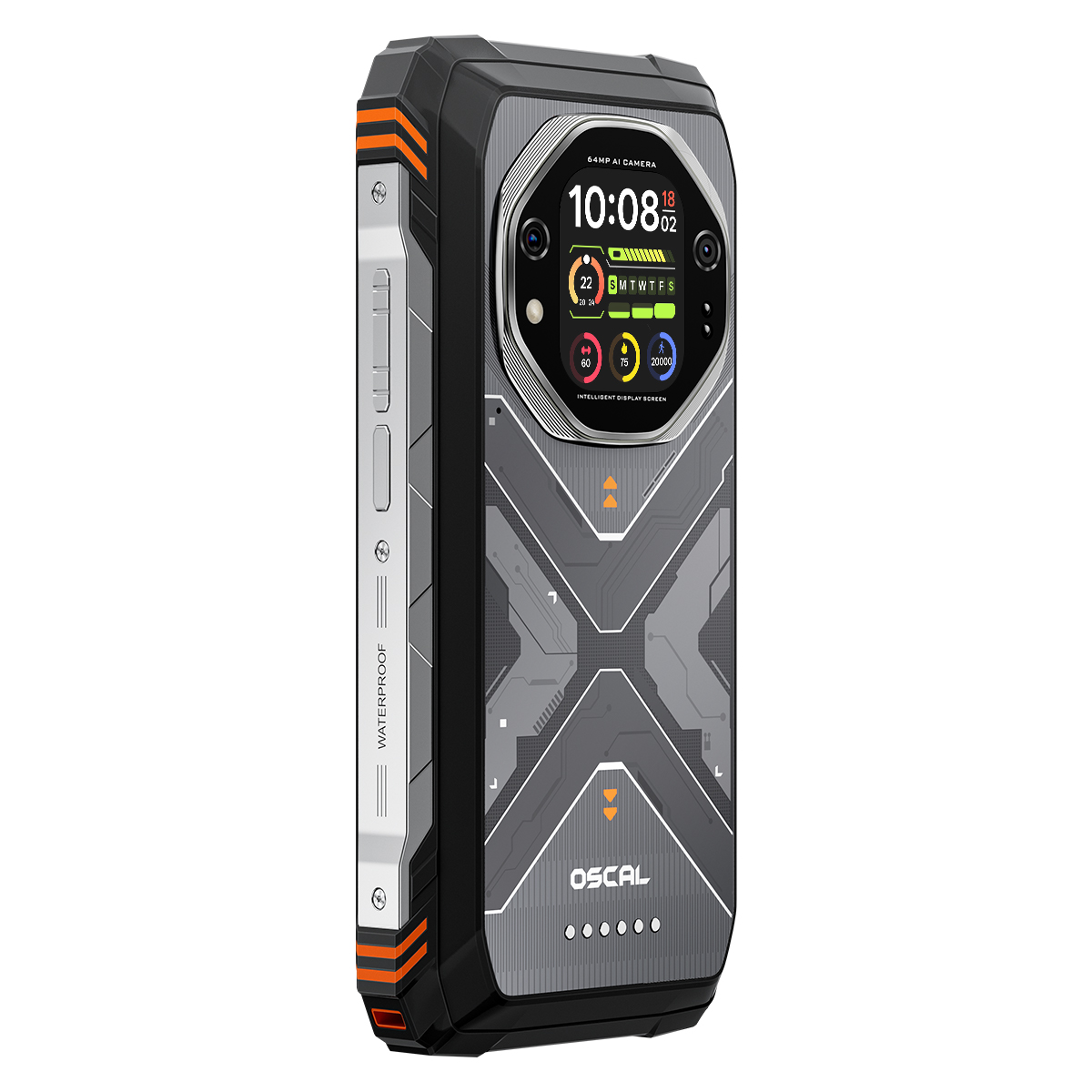 Ein robustes Smartphone mit schwarzem, grauem und orangefarbenem Design. Der Bildschirm zeigt die Uhrzeit und andere Informationen an. Die Marke ist OSCAL.