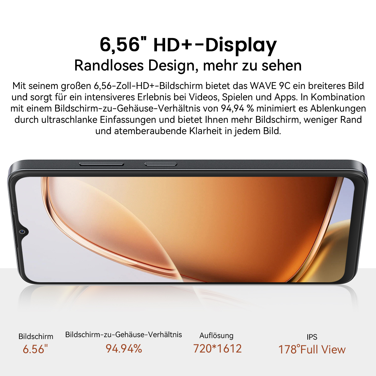 Ein Smartphone mit großem Bildschirm, das eine goldbraune Grafik anzeigt. Textdetails Bildschirmgröße, Auflösung und Bildschirm-zu-Körper-Verhältnis.