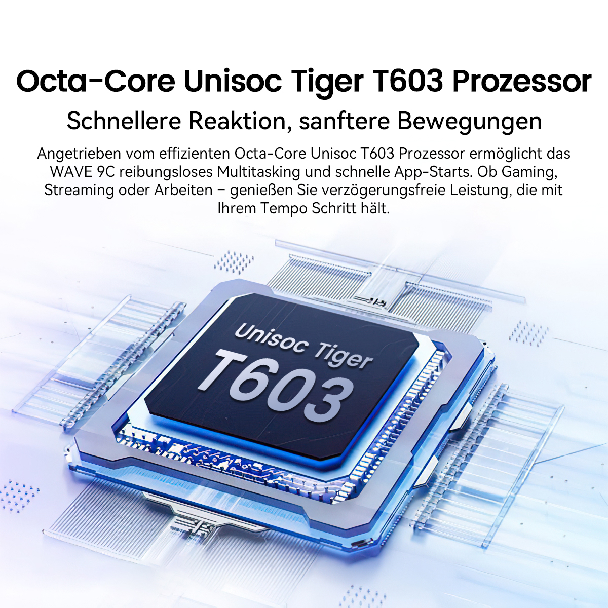 Nahaufnahme eines Unisoc Tiger T603 Prozessorchips. Er ist dunkelblau und von hellblauen und silbernen Komponenten umgeben.
