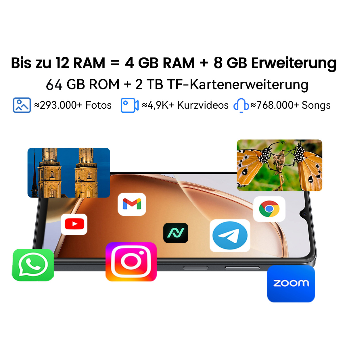 Ein Smartphone zeigt App-Symbole wie Instagram, Zoom und YouTube. Zwei Schmetterlinge und Kirchtürme sind ebenfalls zu sehen. Text beschreibt die Telefonspezifikationen.