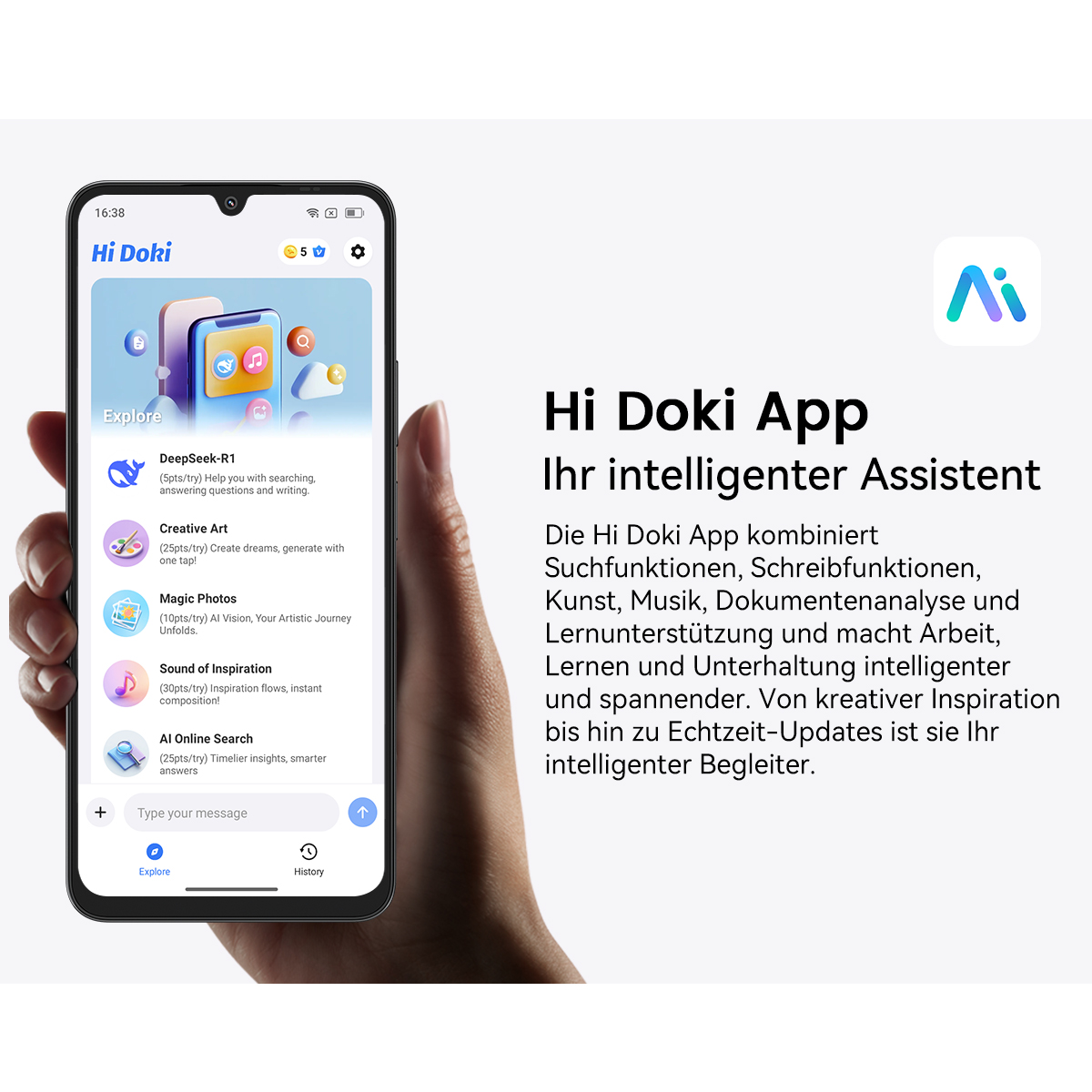 Eine Hand, die ein Telefon hält, das die Hi Doki App-Oberfläche mit Text und App-Funktionen anzeigt.