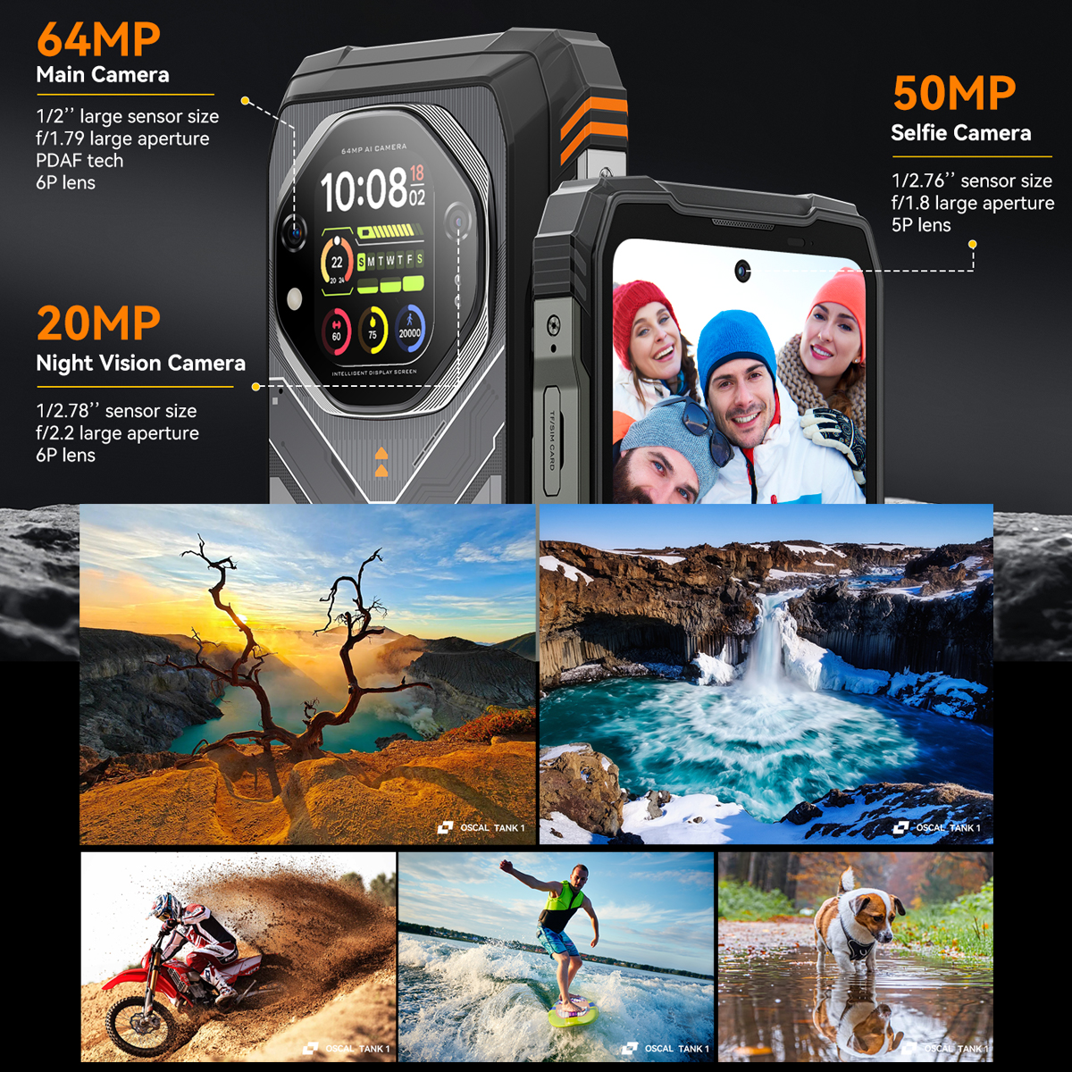 Ein robustes Telefon zeigt ein Selfie von drei Personen. Darunter befinden sich Bilder von Landschaft, Wasserfall, Motocross, Surfen und Hund.
