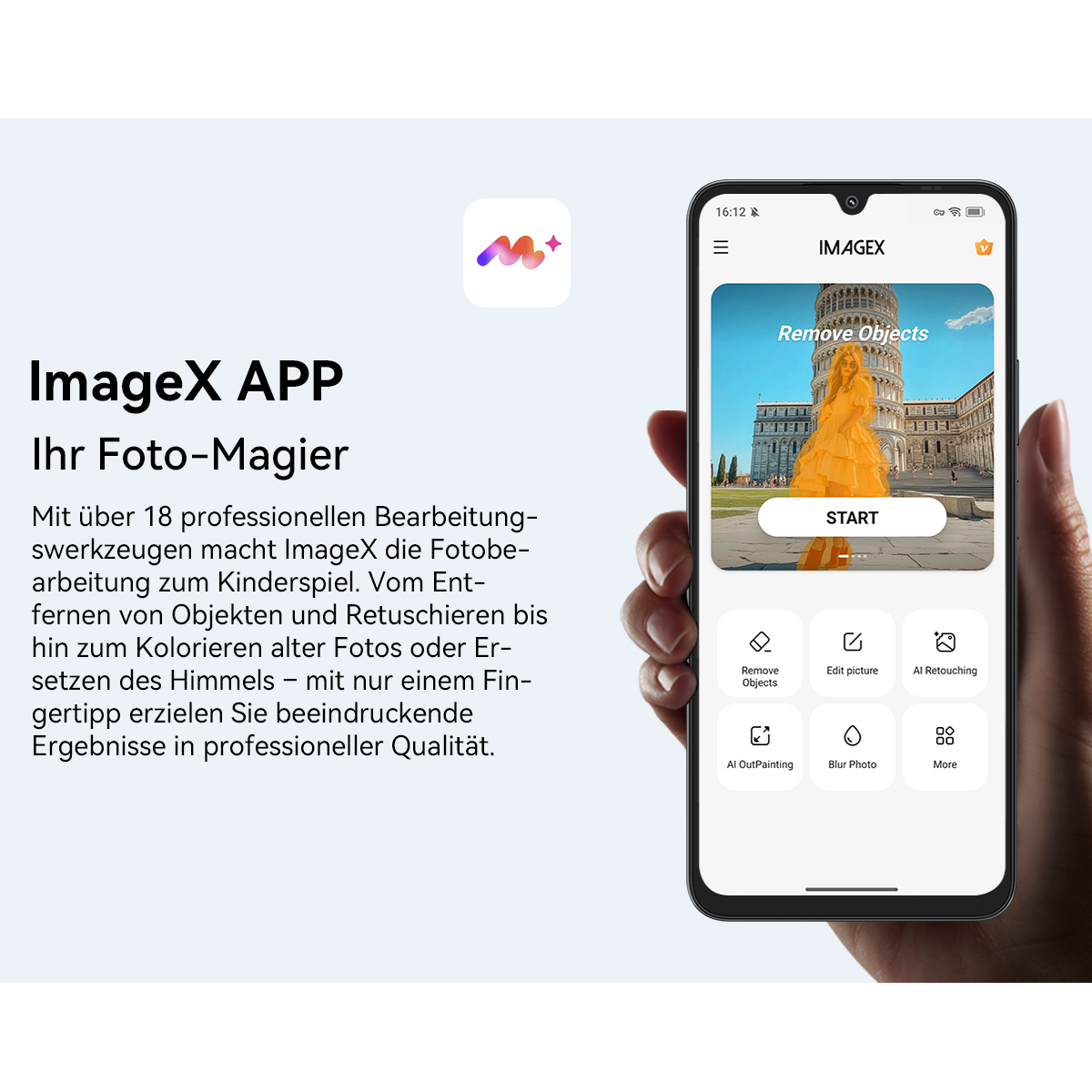 Eine Hand hält ein Telefon mit der ImageX-App. Der Bildschirm zeigt ein Bild des schiefen Turms und Bearbeitungsoptionen.