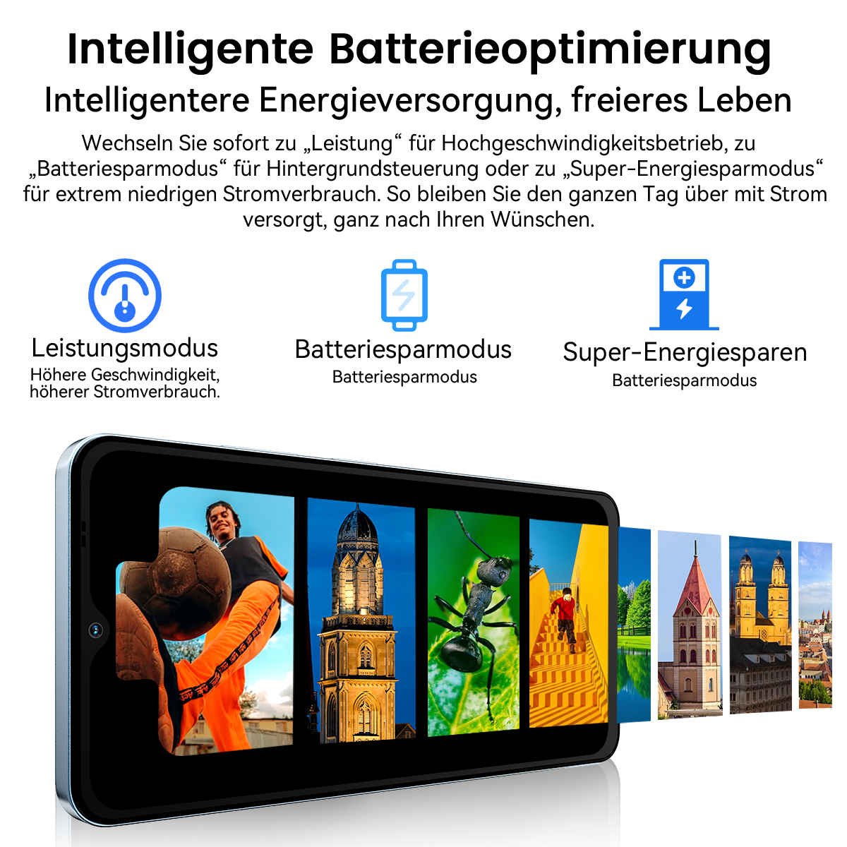 Ein Telefon zeigt Batterieoptimierungsoptionen mit Bildvorschauen: Fußballspieler, Gebäude, Ameise, Kind und Gebäude.