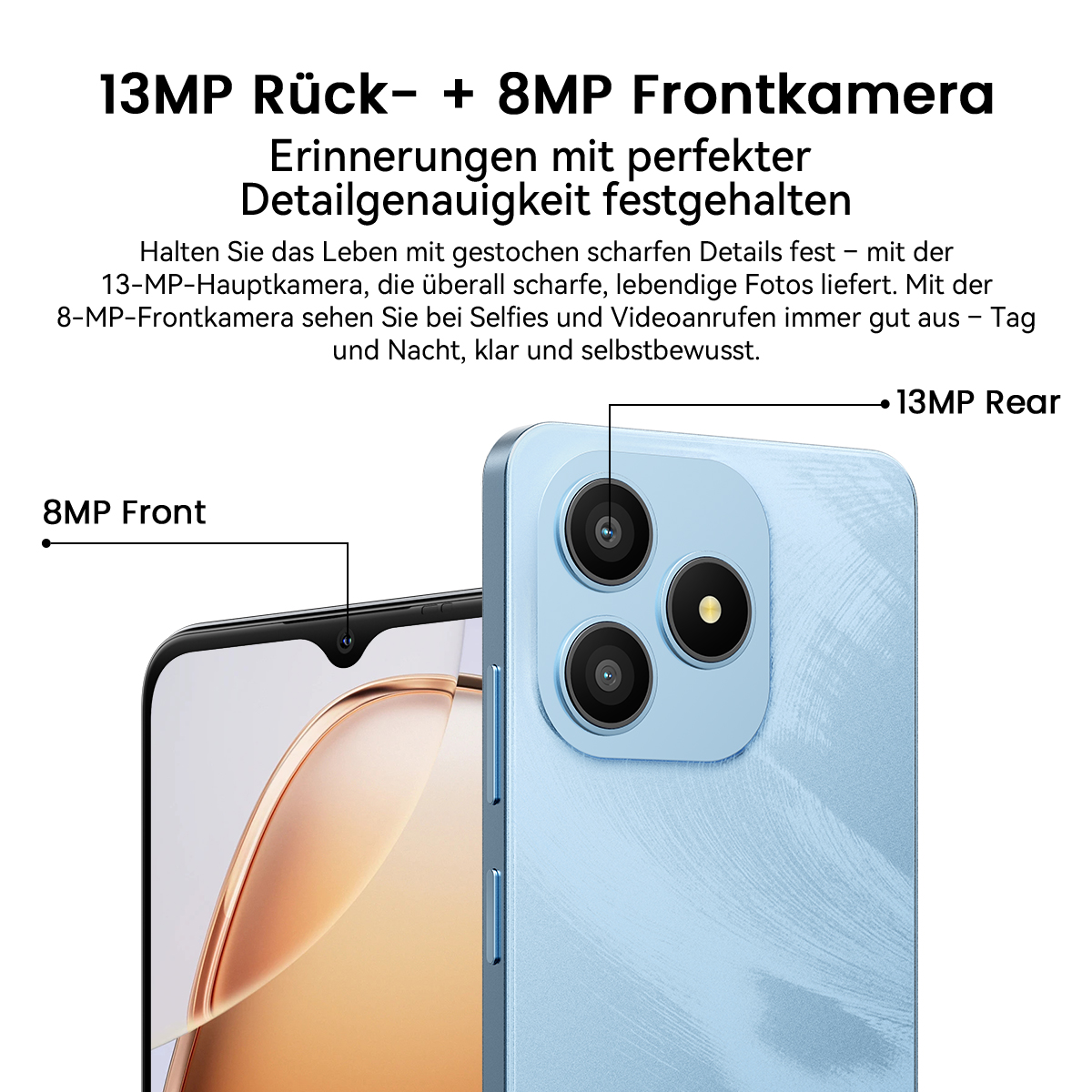 Ein hellblaues Smartphone mit Text, der 13MP Rück- und 8MP Frontkameras anzeigt. Der Bildschirm ist im Vordergrund sichtbar.