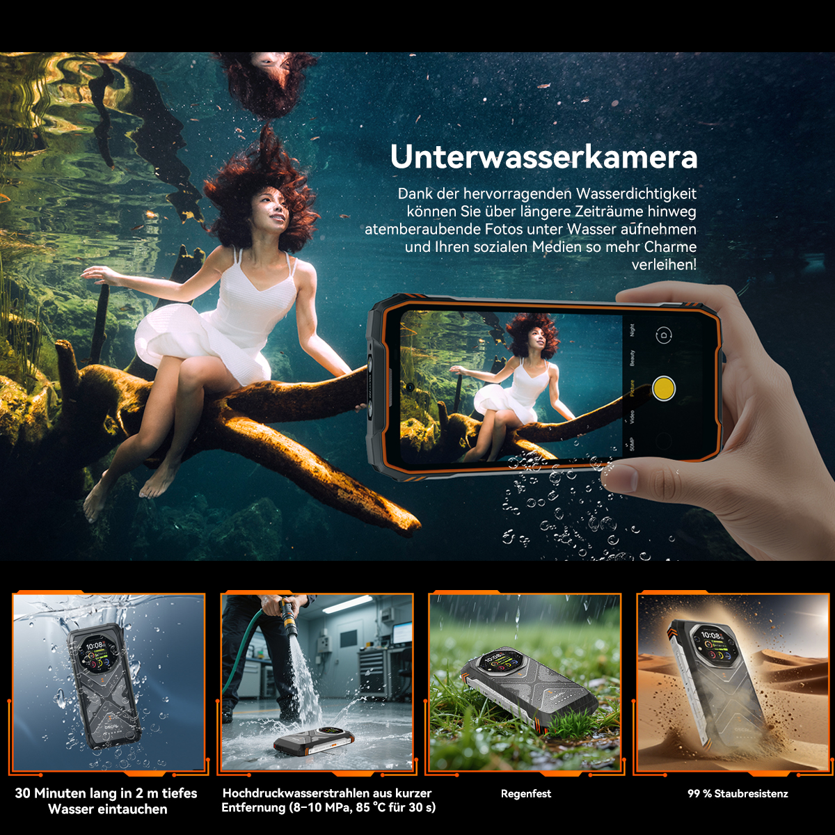 Eine Frau in einem weißen Kleid unter Wasser, die ein Telefon hält. Das Telefon zeigt die Frau und wird von einer Hand gehalten. Andere Bilder zeigen Telefonfunktionen.