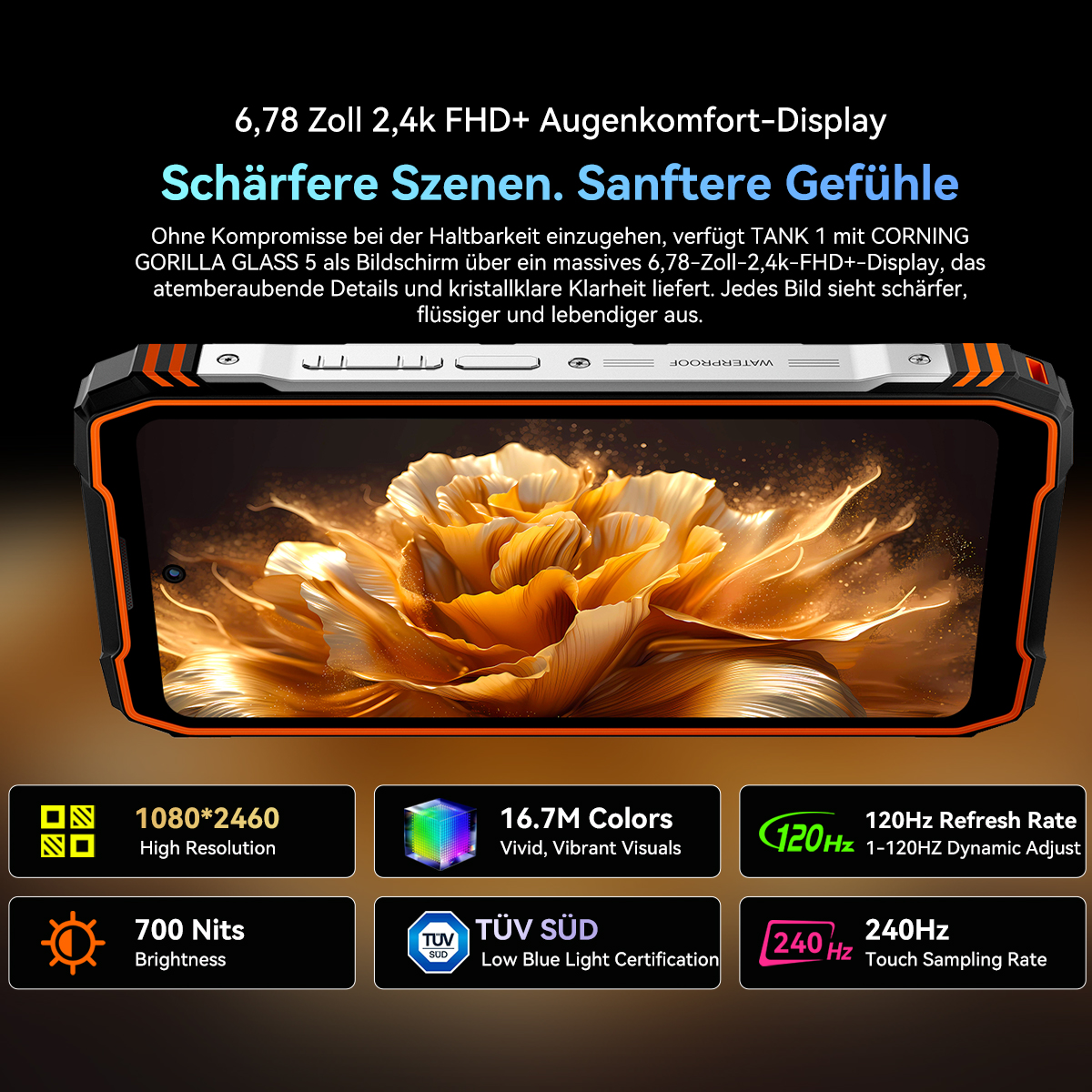 Ein Smartphone mit einem Bildschirm, der eine Blume zeigt. Zu den Spezifikationen gehören eine Bildwiederholfrequenz von 120 Hz, 16,7 Millionen Farben und 700 Nits Helligkeit.