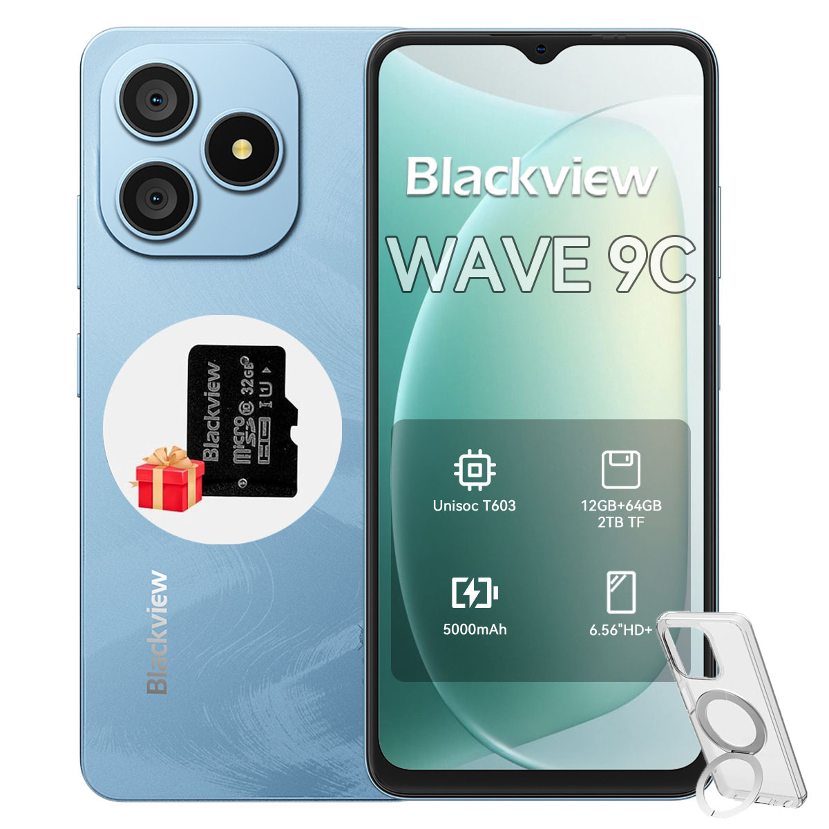 Ein Blackview WAVE 9C Smartphone. Zu den Merkmalen gehören eine Dreifach-Kamera, eine microSD-Karte und eine transparente Handyhülle.