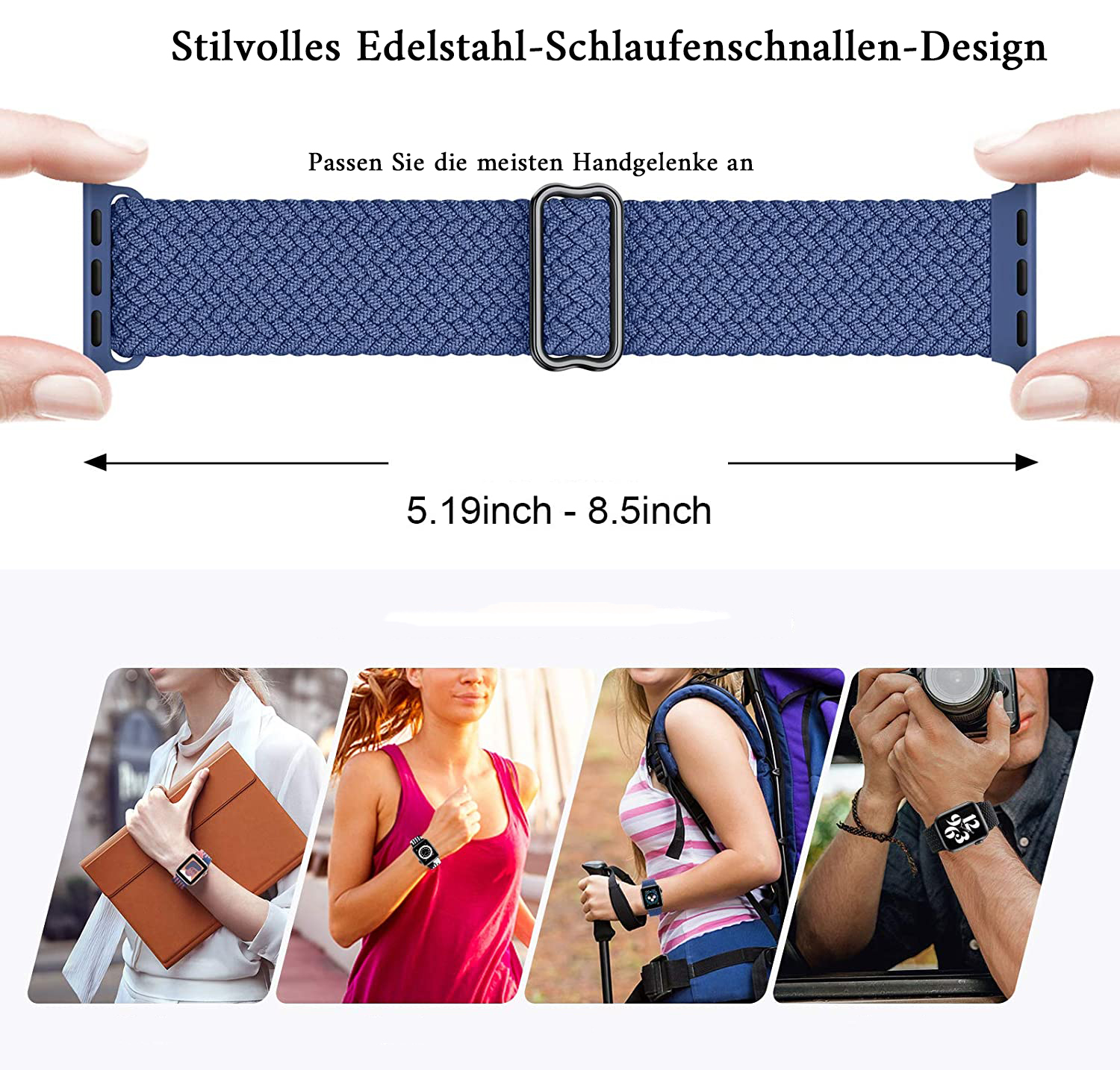 Ein blaues Uhrenarmband mit Metallschnalle wird gezeigt. Vier Bilder zeigen Personen, die das Armband tragen. Der Text oben lautet 'Edelstahl-Design'.