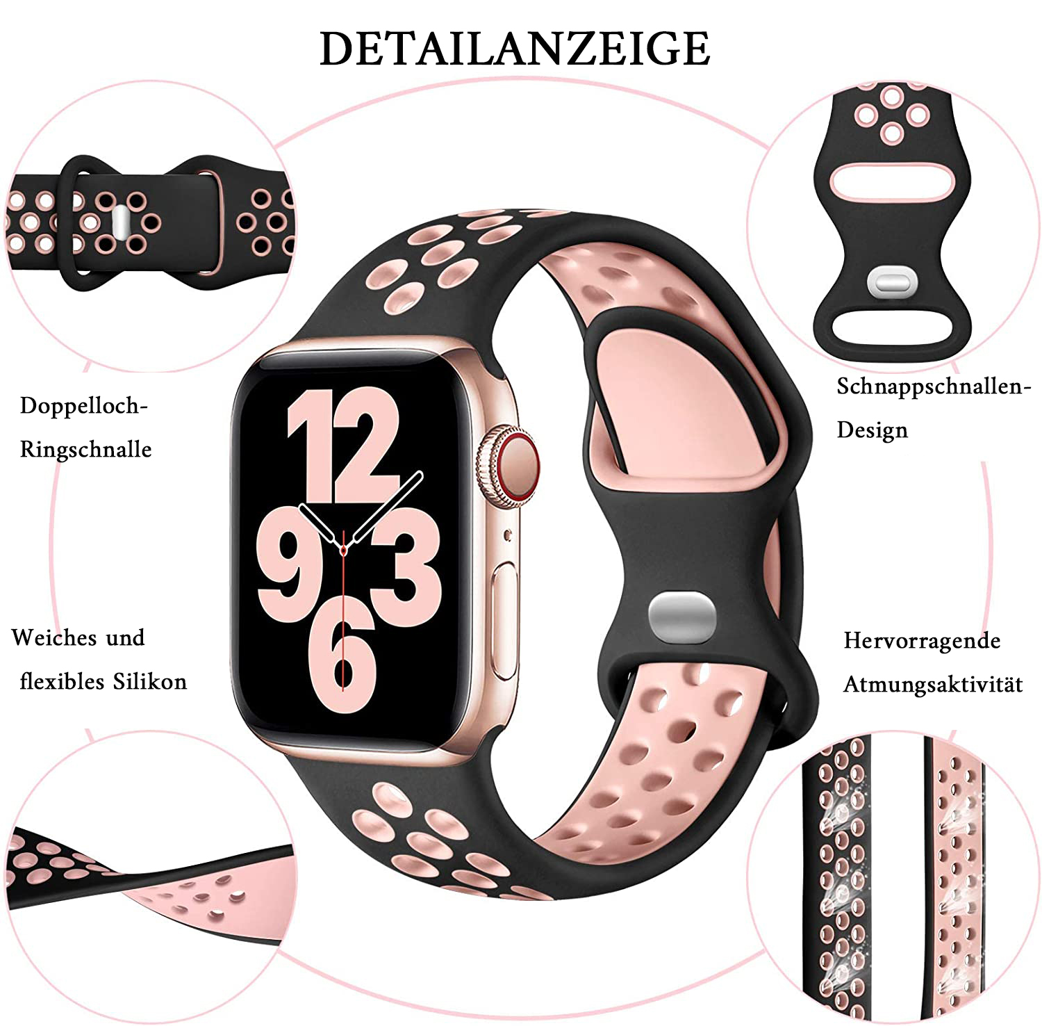 Eine Apple Watch mit einem schwarzen und rosa Armband wird gezeigt. Details umfassen eine Schnalle, weiches Silikon und Atmungsaktivität.