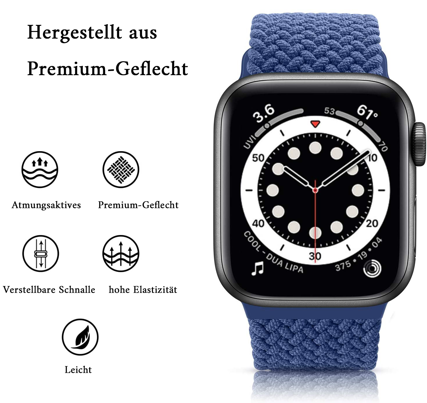 Apple Watch mit blauem gewebtem Band, zeigt Zeit und Gesundheitsdaten. Text: 'Premium-Geflecht' und Symbole.