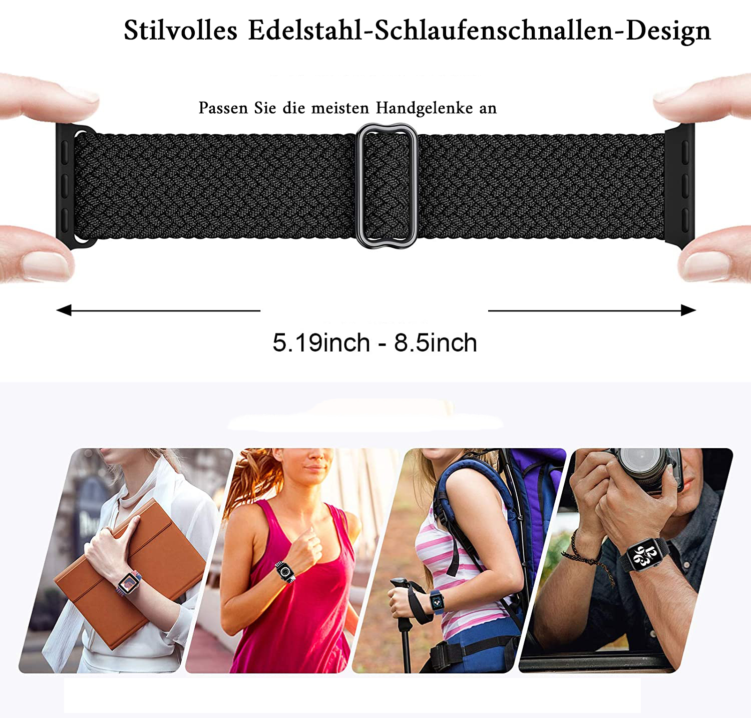 Ein schwarzes Uhrenarmband mit silberner Schnalle wird von zwei Händen gehalten. Darunter Bilder der Uhr an Handgelenken in verschiedenen Szenarien.