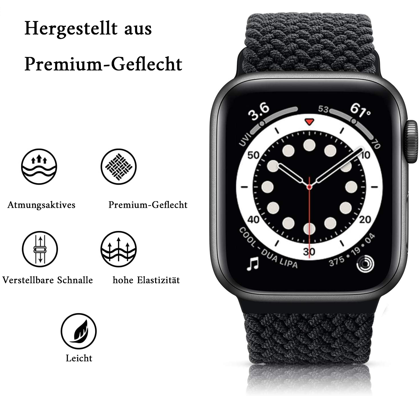 Schwarze Apple Watch mit gewebtem Band. Deutscher Text weist auf Premium-Materialien und Eigenschaften hin.