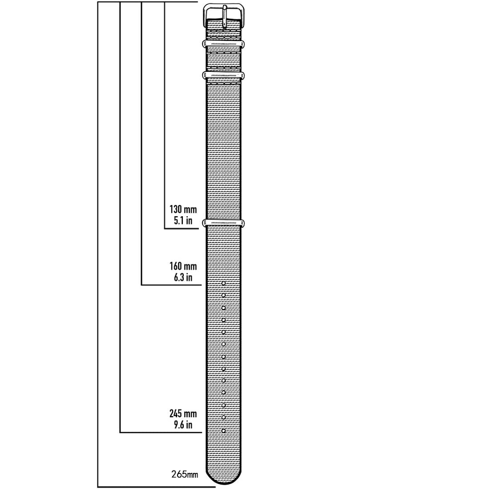 Eine Illustration eines Uhrenarmbands mit Maßen. Schwarze Linien zeigen die Länge, mit Etiketten in mm und Zoll.