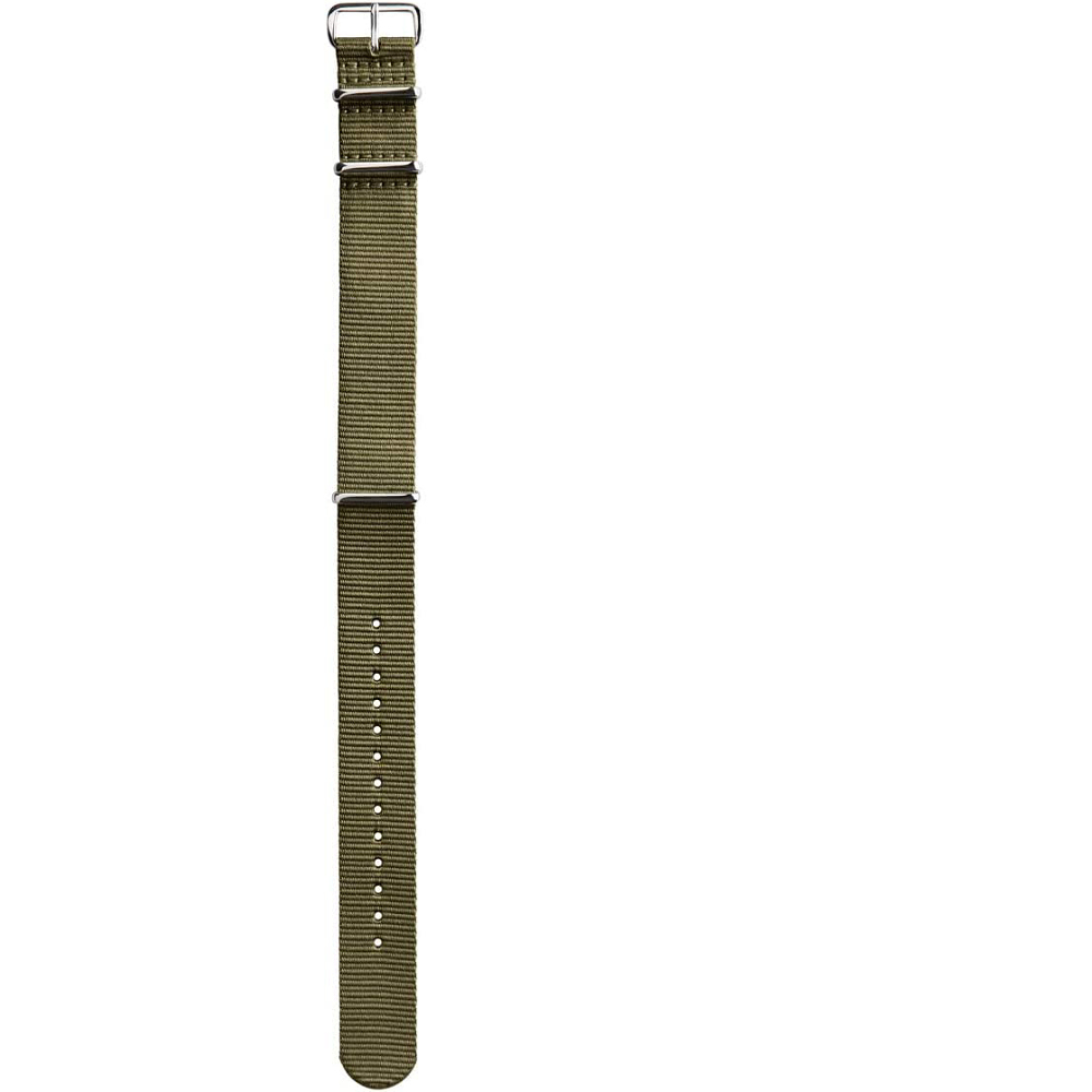 Ein olivgrünes Uhrenarmband mit silberner Hardware. Der Riemen befindet sich vor einem weißen Hintergrund.